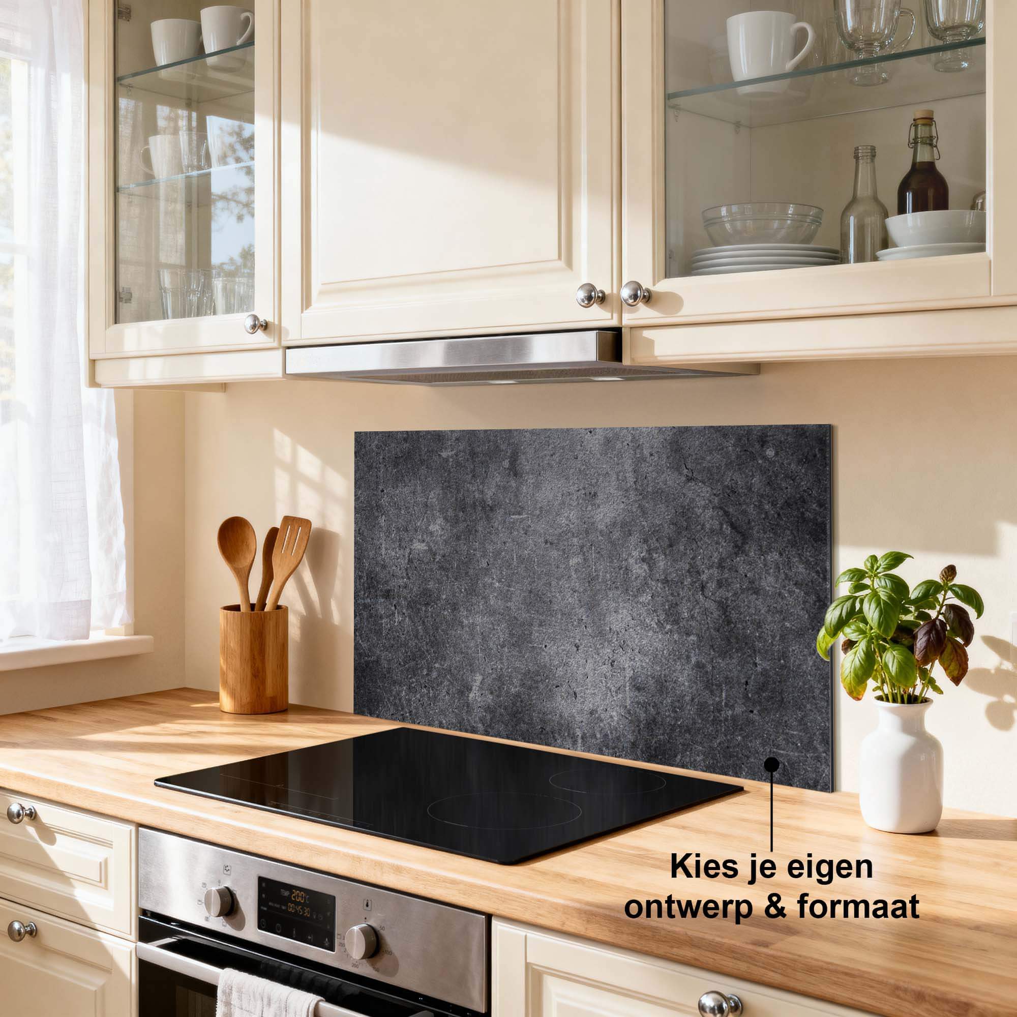 Midnight Concrete Spatscherm in keuken, duurzaam Aluminium Dibond spatwand, krasvast en hittebestendig, stijlvolle keuken spatscherm.