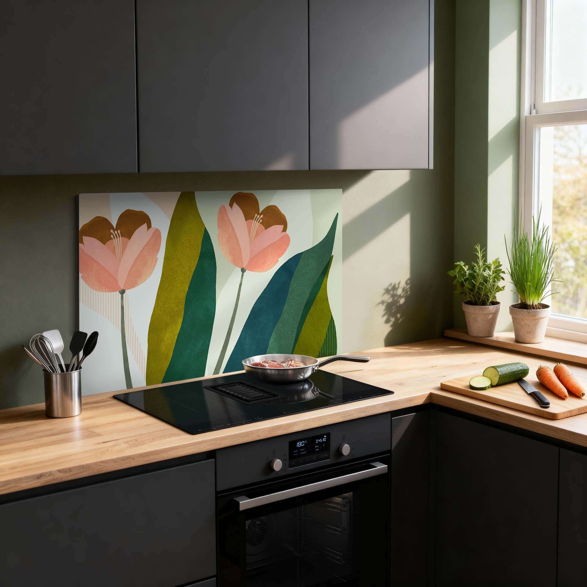 Peach Blooms Spatscherm met perzikbloemen en groene bladeren, keuken spatscherm voor moderne uitstraling, hittebestendig en duurzaam.