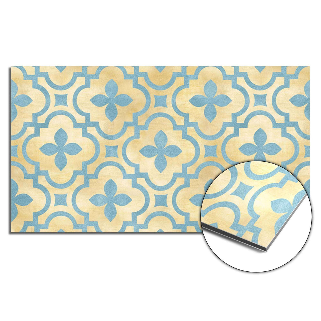 Soft Azure Blossom Spatscherm met mediterrane patronen in zacht azuurblauw en goud, perfect als hittebestendige keuken spatscherm.