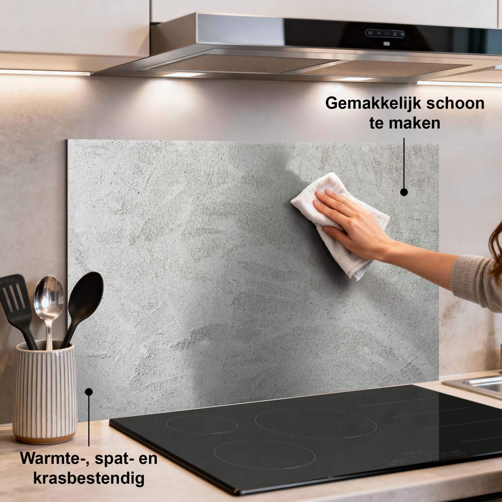 Soft Concrete Finish Spatscherm in keuken, spatwand van krasvast Aluminium Dibond, eenvoudig schoon te maken, hittebestendig ontwerp.
