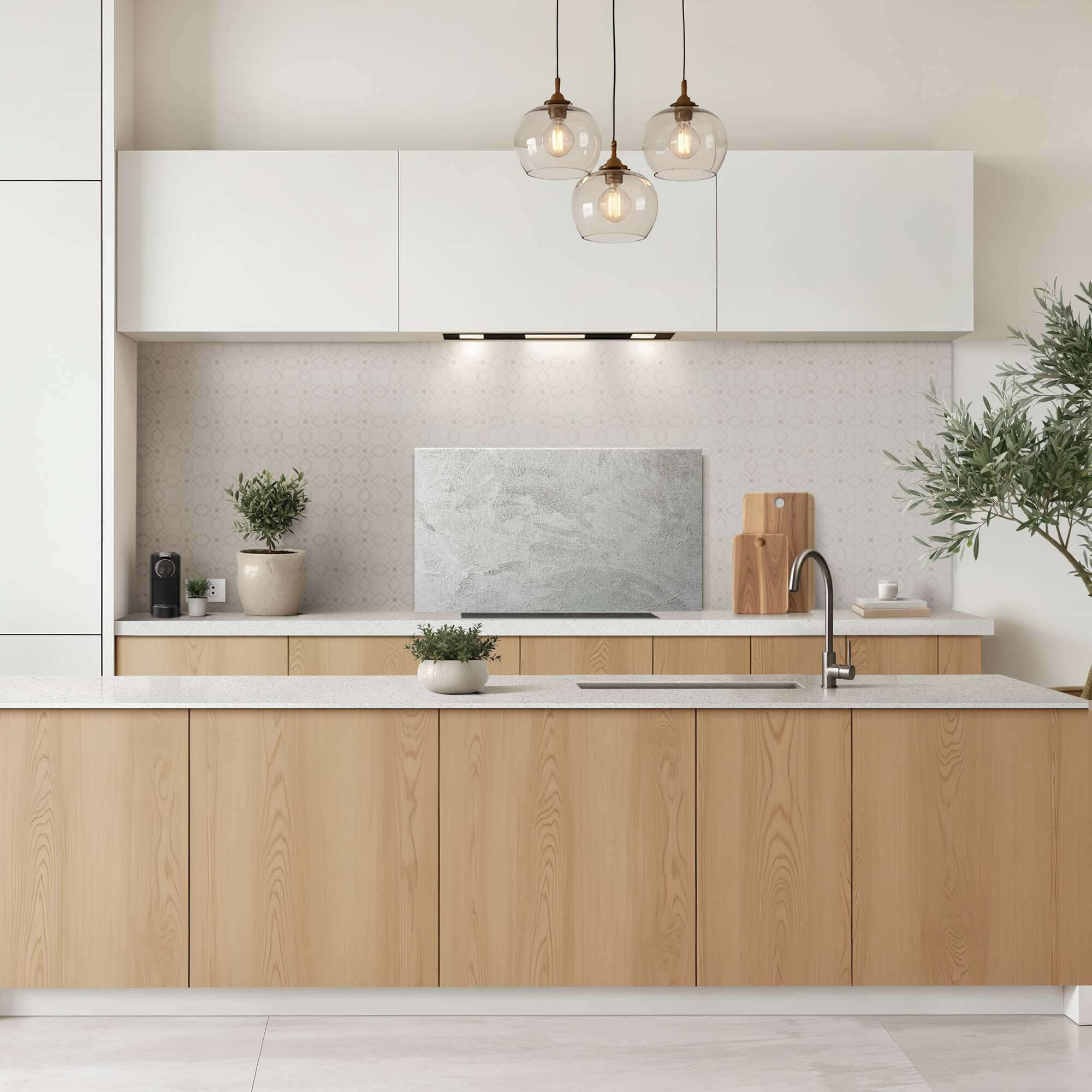 Moderne keuken met Soft Concrete Finish Spatscherm, een krasvast en hittebestendig aluminium spatwand voor een serene betonlook.