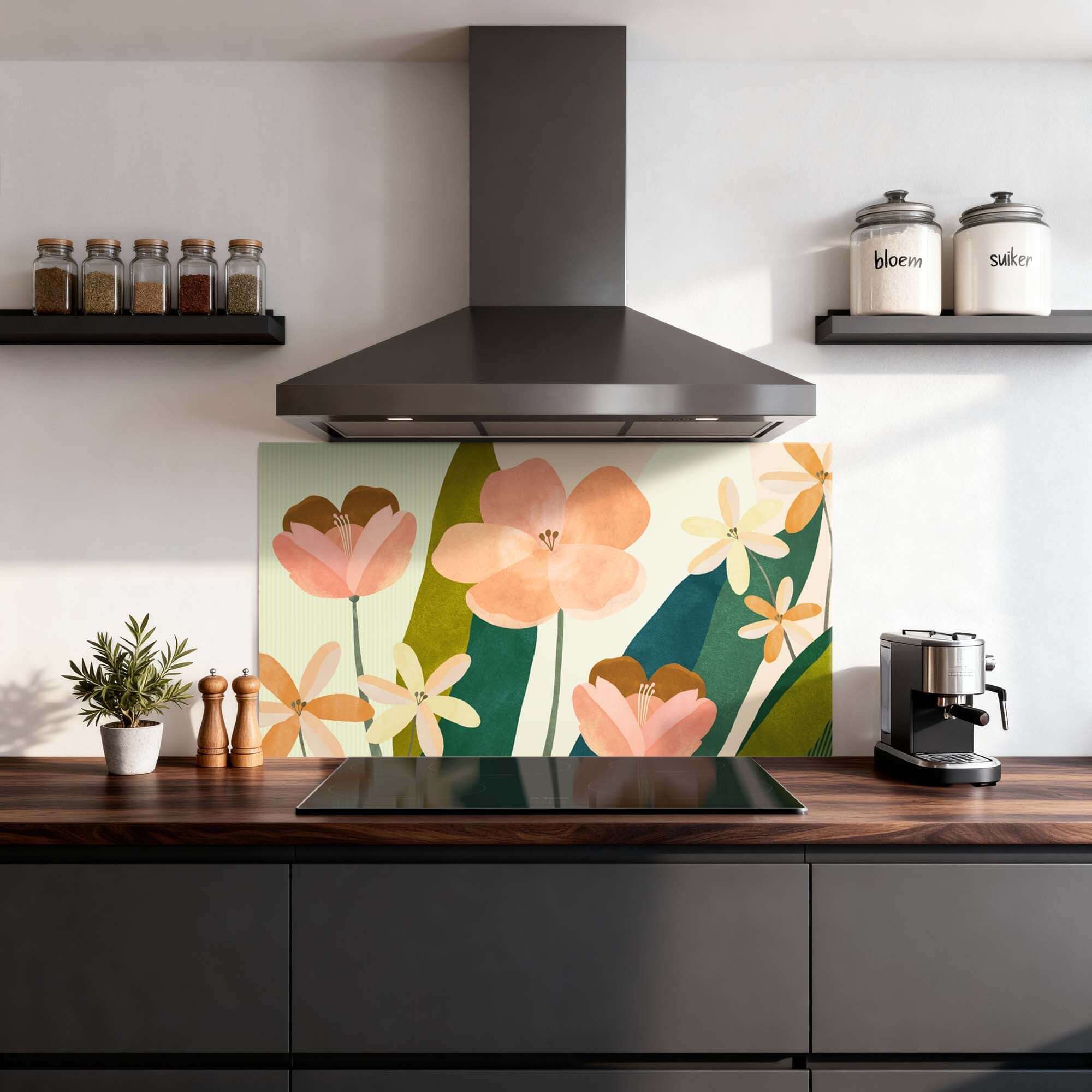 Soft Petals Spatscherm in moderne keuken met botanisch design, keuken spatscherm met perzikkleurige bloemen en groene accenten.