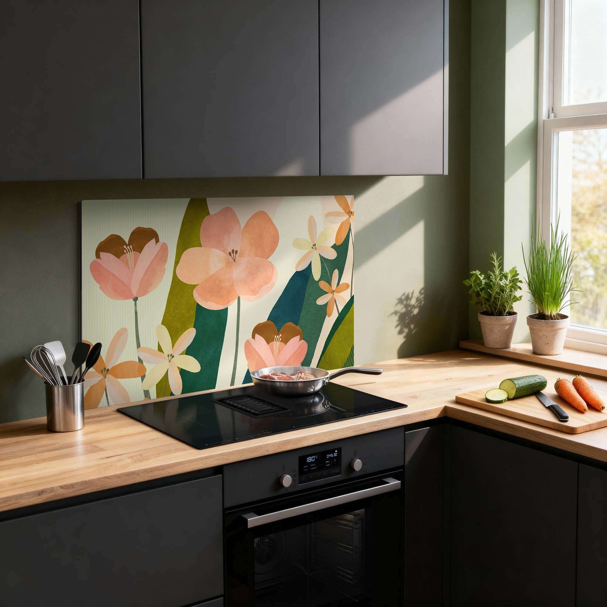Soft Petals Spatscherm in keuken met perzikkleurige bloemen, Spatwand met botanisch design, Keuken Spatscherm, elegant en duurzaam.