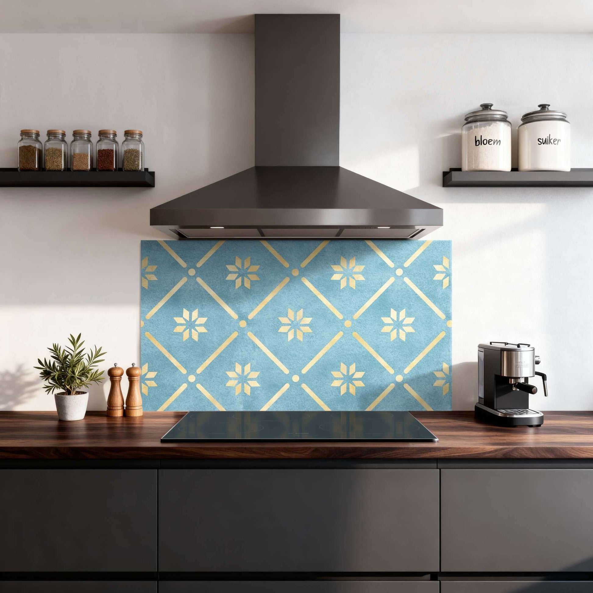 Starline Blue Tile Spatscherm in moderne keuken met blauw keramiek-effect en gouden accenten, ideaal als hittebestendige spatwand.