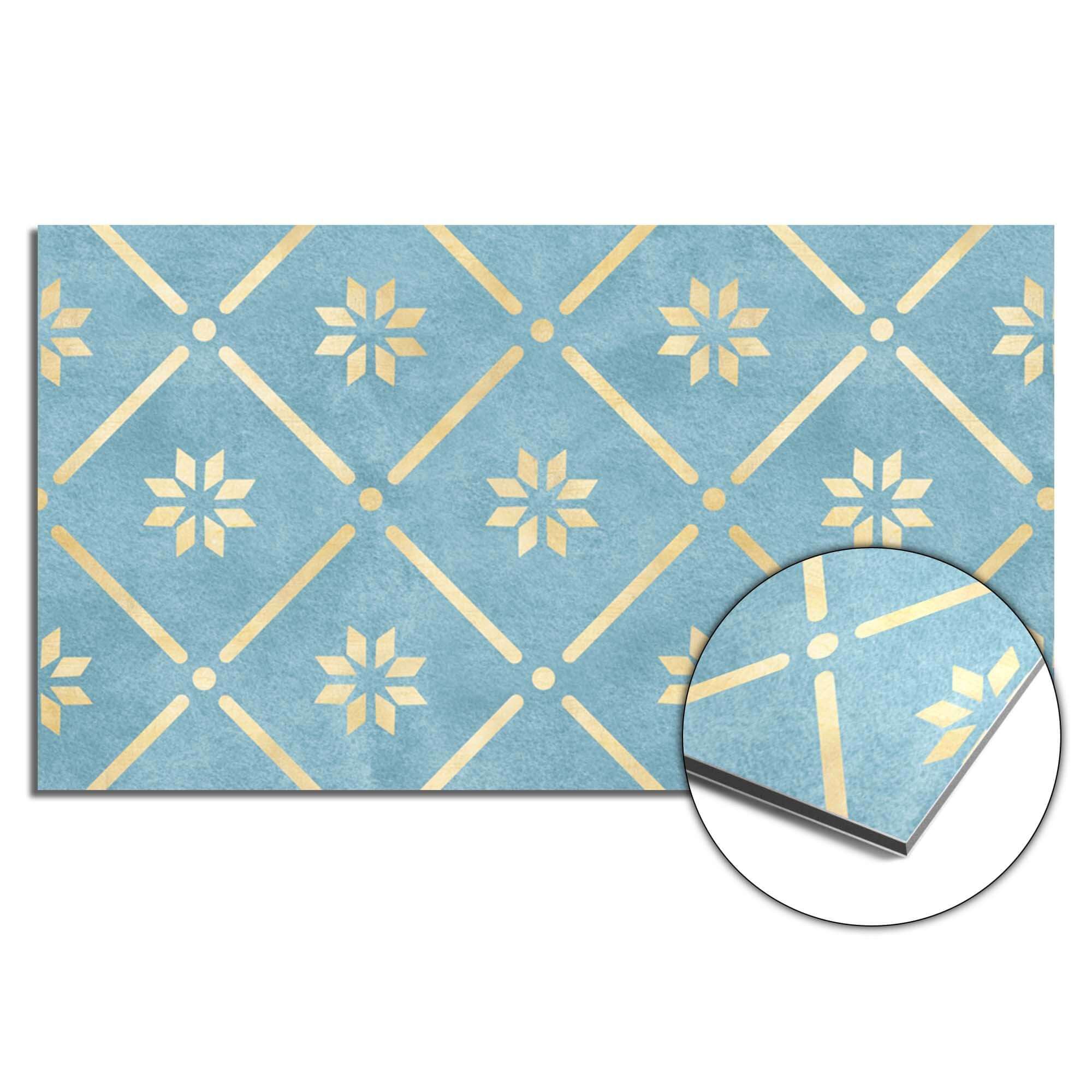 Starline Blue Tile Spatscherm met zachtblauw keramische look en goudaccenten, stijlvol keuken spatscherm en spatwand design