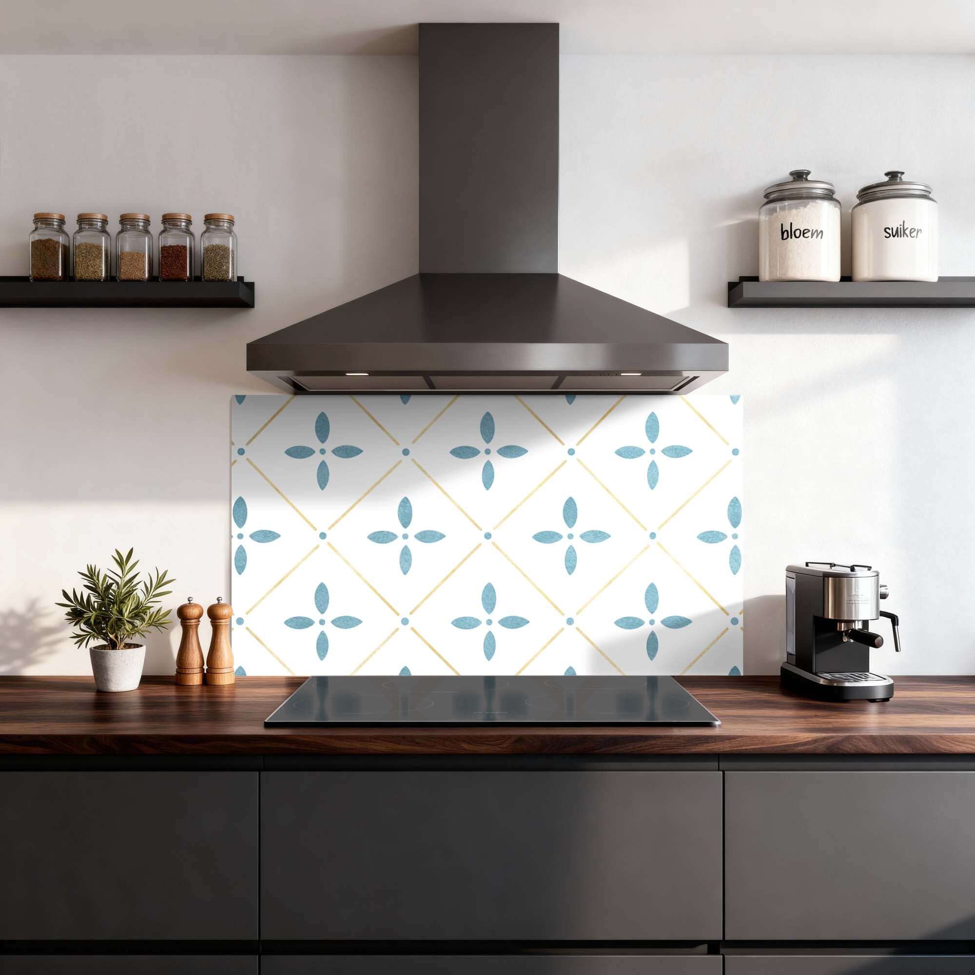 Starline White Tile Spatscherm, mediterrane keuken spatscherm, wit-blauw-gouden patroon spatwand van duurzaam aluminium dibond materiaal