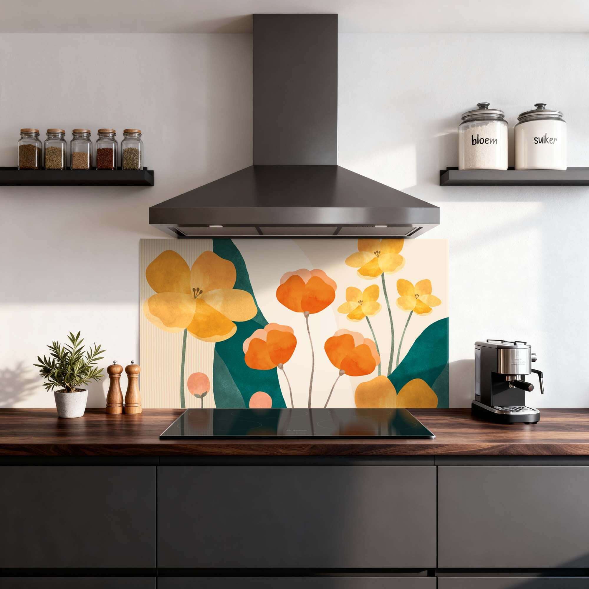 Sunny Field Spatscherm met botanisch design van gele en oranje bloemen, ideaal als keuken Spatscherm of Spatwand.