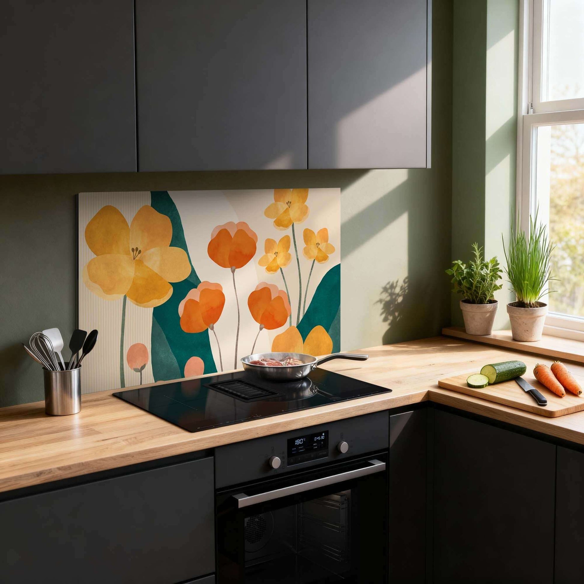 Sunny Field Spatscherm in een keuken, met gele en oranje bloemen design. Perfecte hittebestendige Keuken Spatscherm en Spatwand.