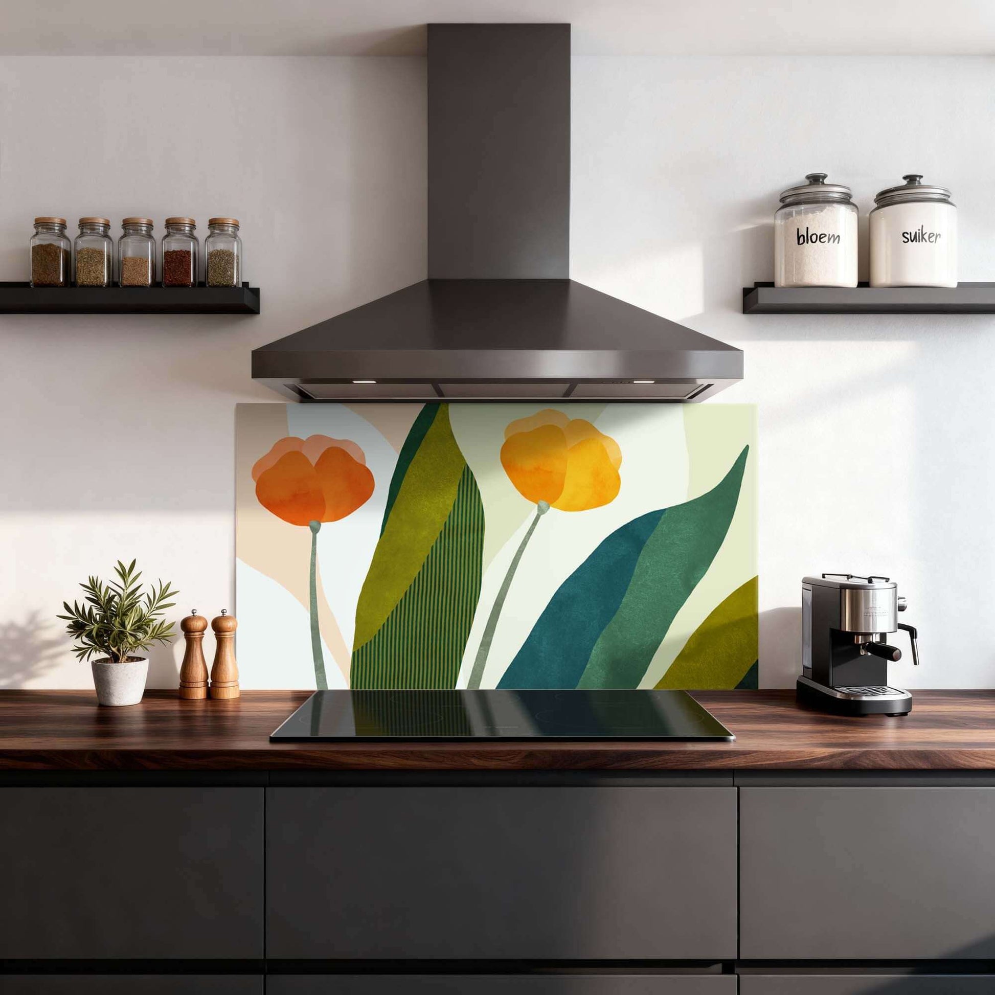 Sunset Blooms Spatscherm met gele en oranje bloemen, perfect voor een moderne keuken. Hittebestendig en duurzaam keuken spatscherm.