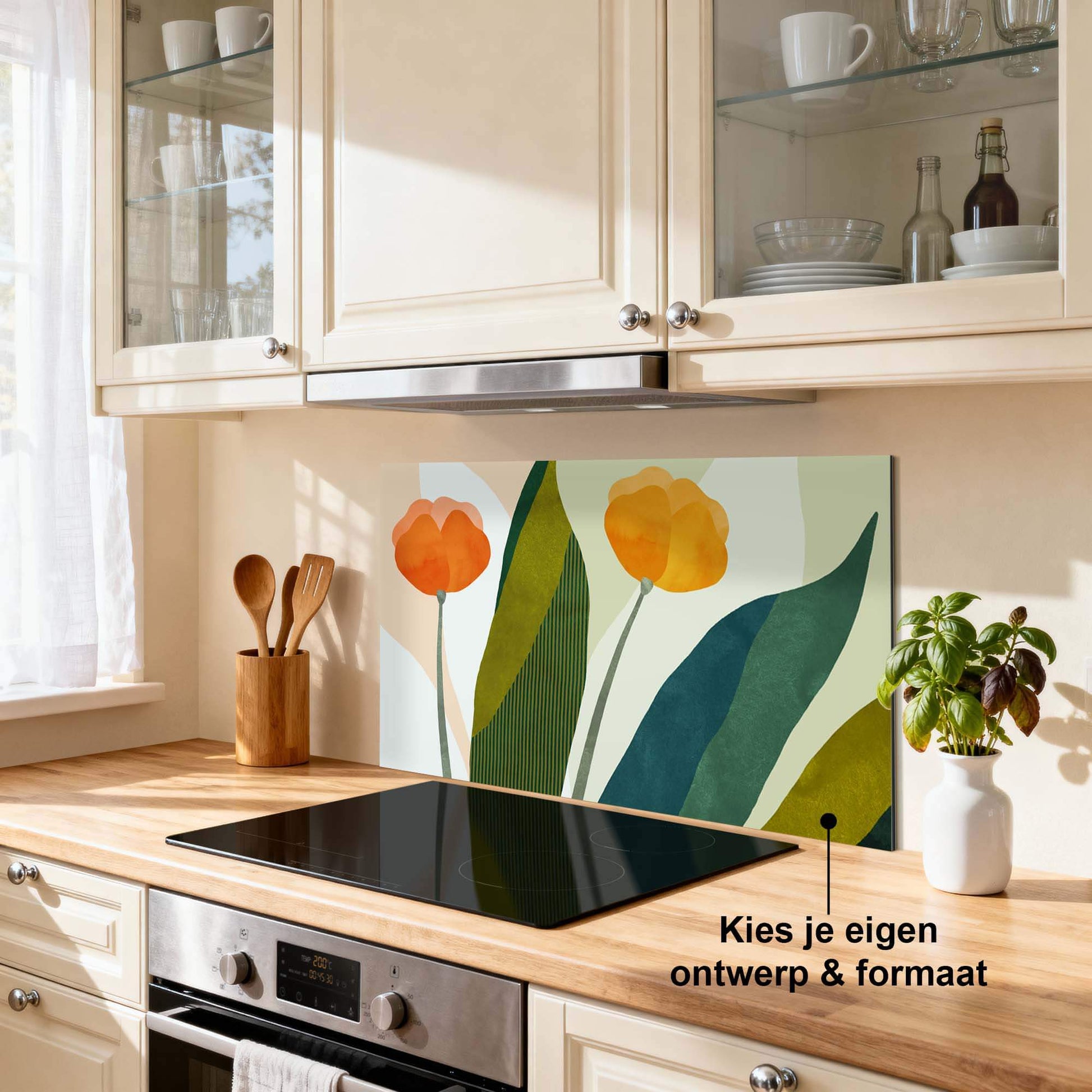 Sunset Blooms Spatscherm in keuken, botanisch design met gele en oranje bloemen, hittebestendig spatwand voor moderne uitstraling.