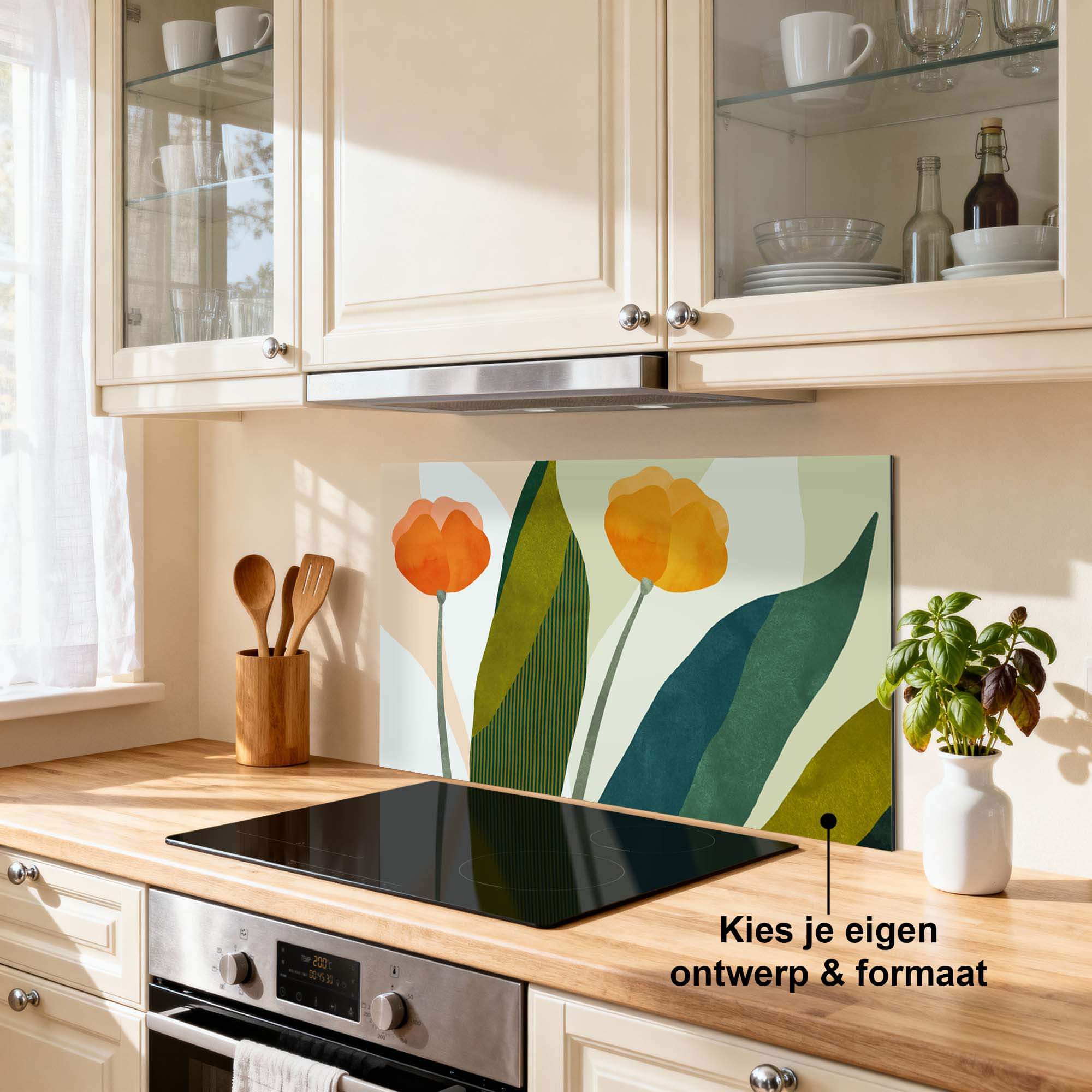 Sunset Blooms Spatscherm in keuken, botanisch design met gele en oranje bloemen, hittebestendig spatwand voor moderne uitstraling.