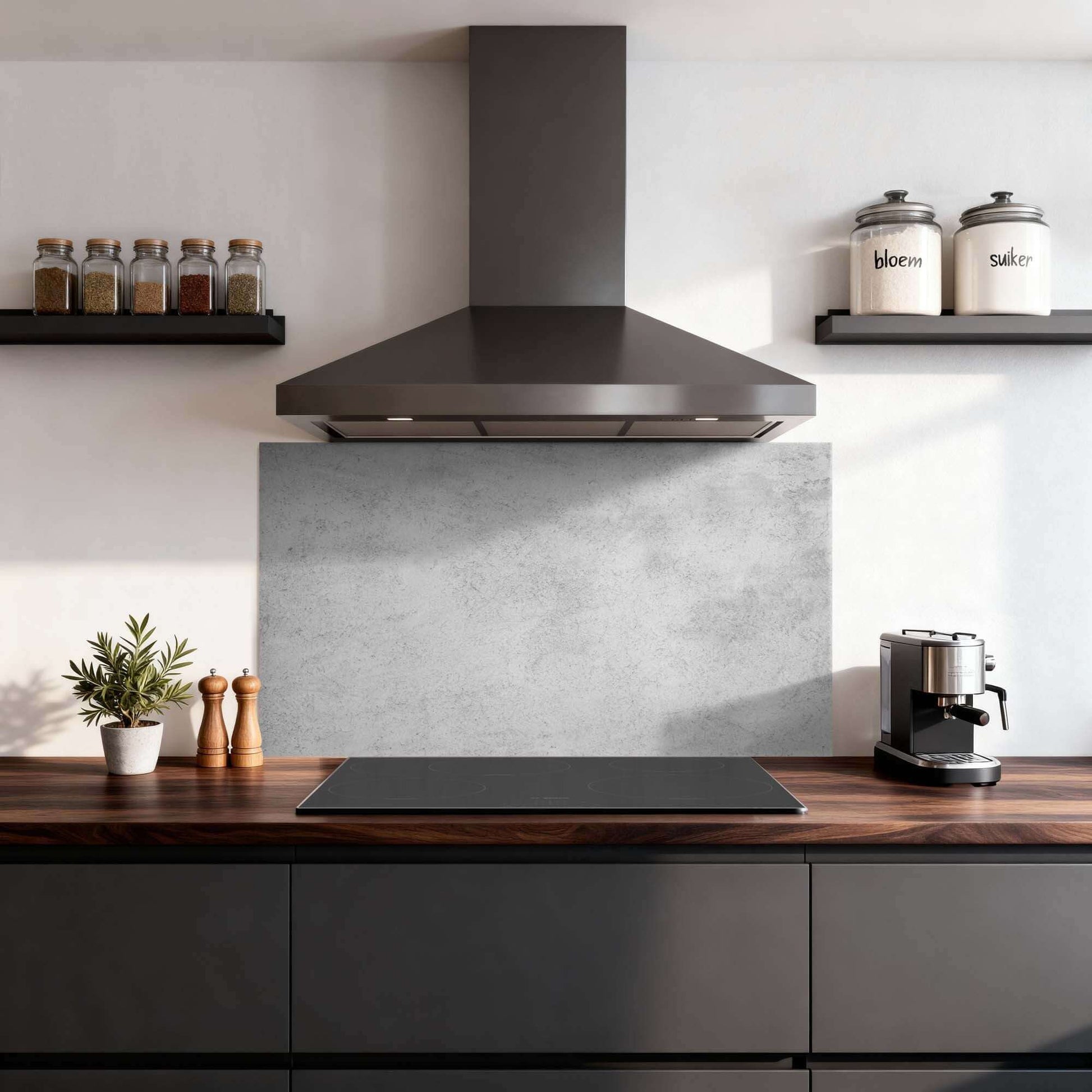 Urban Grey Spatscherm voor moderne keuken met krasvast en hittebestendig Aluminium Dibond materiaal. Keuken Spatscherm en Spatwand.