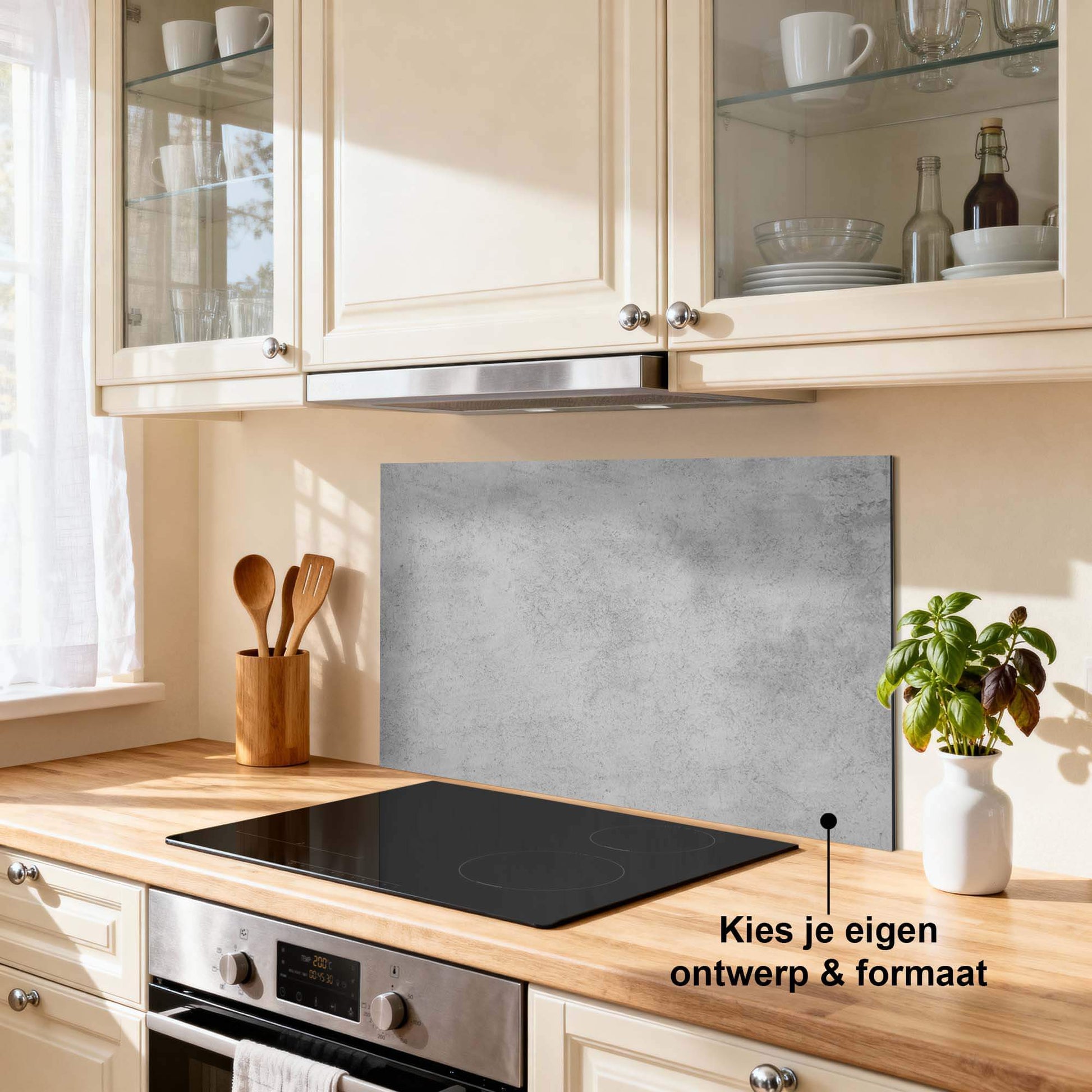 Urban Grey Spatscherm in moderne keuken, krasvast en hittebestendig, perfect als Keuken Spatscherm of Spatwand.