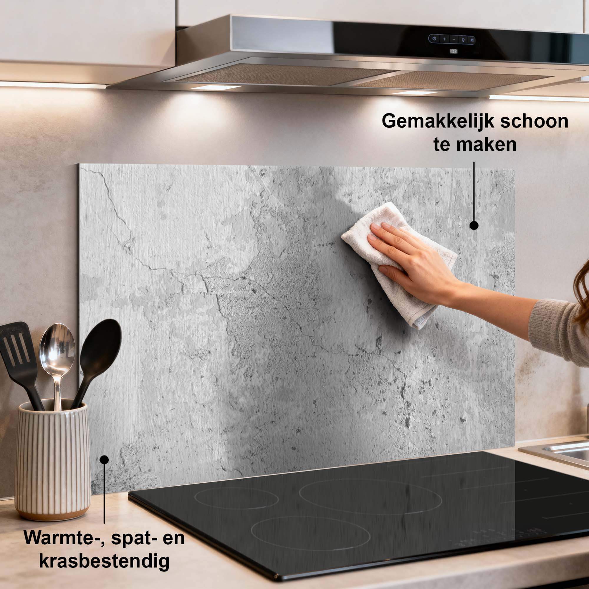 Urban White Spatscherm in keuken, krasvast en hittebestendig aluminium spatwand, eenvoudig schoon te maken. Keuken Spatscherm design.