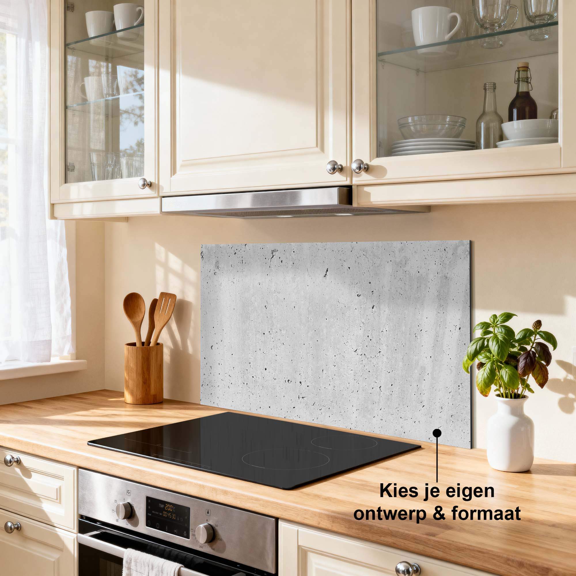 Urban Cement Spatscherm voor moderne keukens, gemaakt van krasbestendig Aluminium Dibond. Ideaal als Keuken Spatscherm of Spatwand.