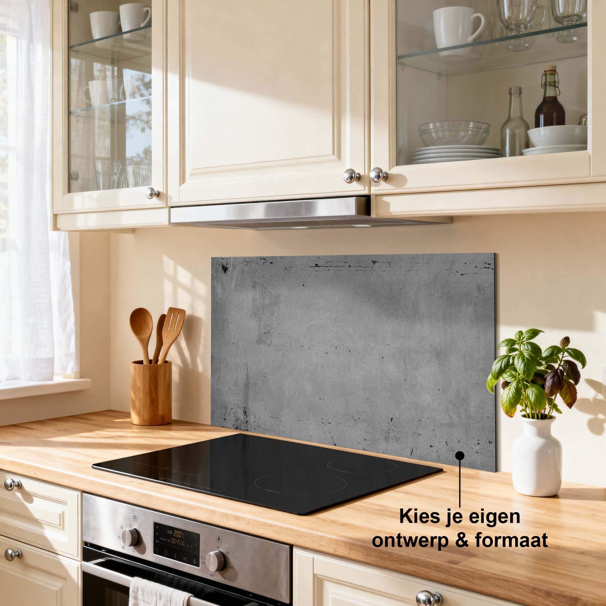 Urban Slate Spatscherm in moderne keuken met duurzaam Aluminium Dibond spatwand, krasvast en hittebestendig.