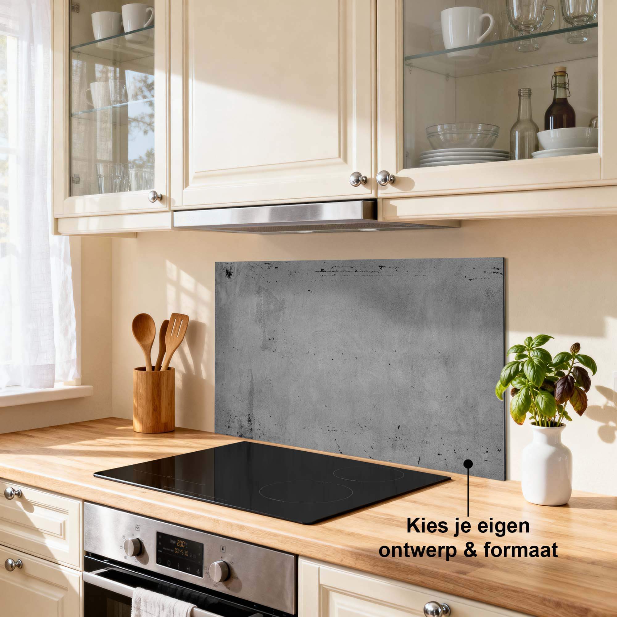 Urban Slate Spatscherm in moderne keuken met duurzaam Aluminium Dibond spatwand, krasvast en hittebestendig.