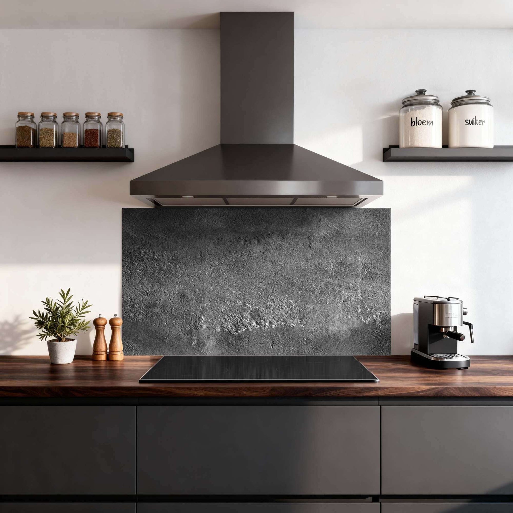 Urban Stone Elegance Spatscherm in moderne keuken, krasvast en hittebestendig, perfect als keuken spatscherm en spatwand.