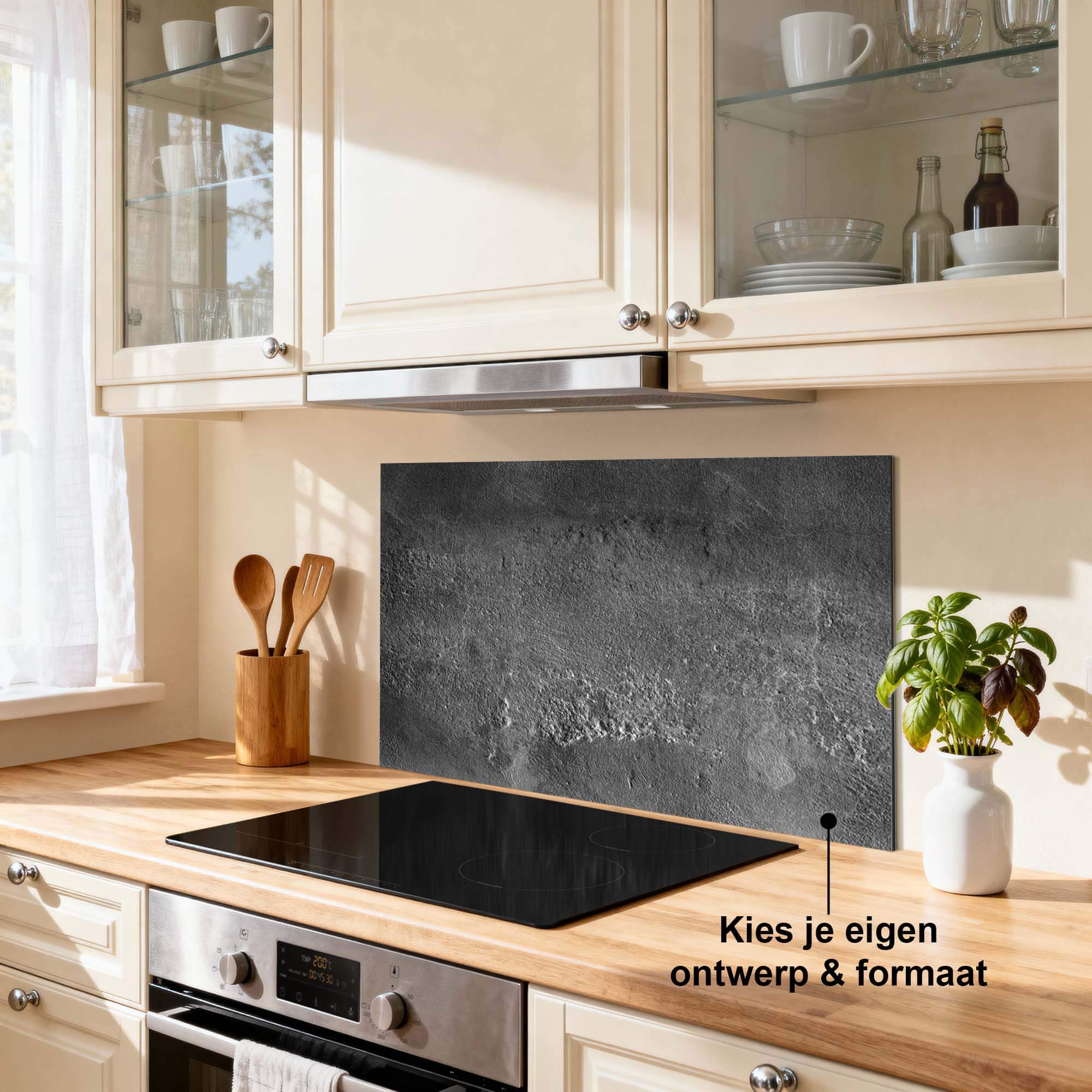 Urban Stone Elegance Spatscherm in een moderne keuken, krasvast en hittebestendig, ideaal als keuken spatscherm of spatwand.