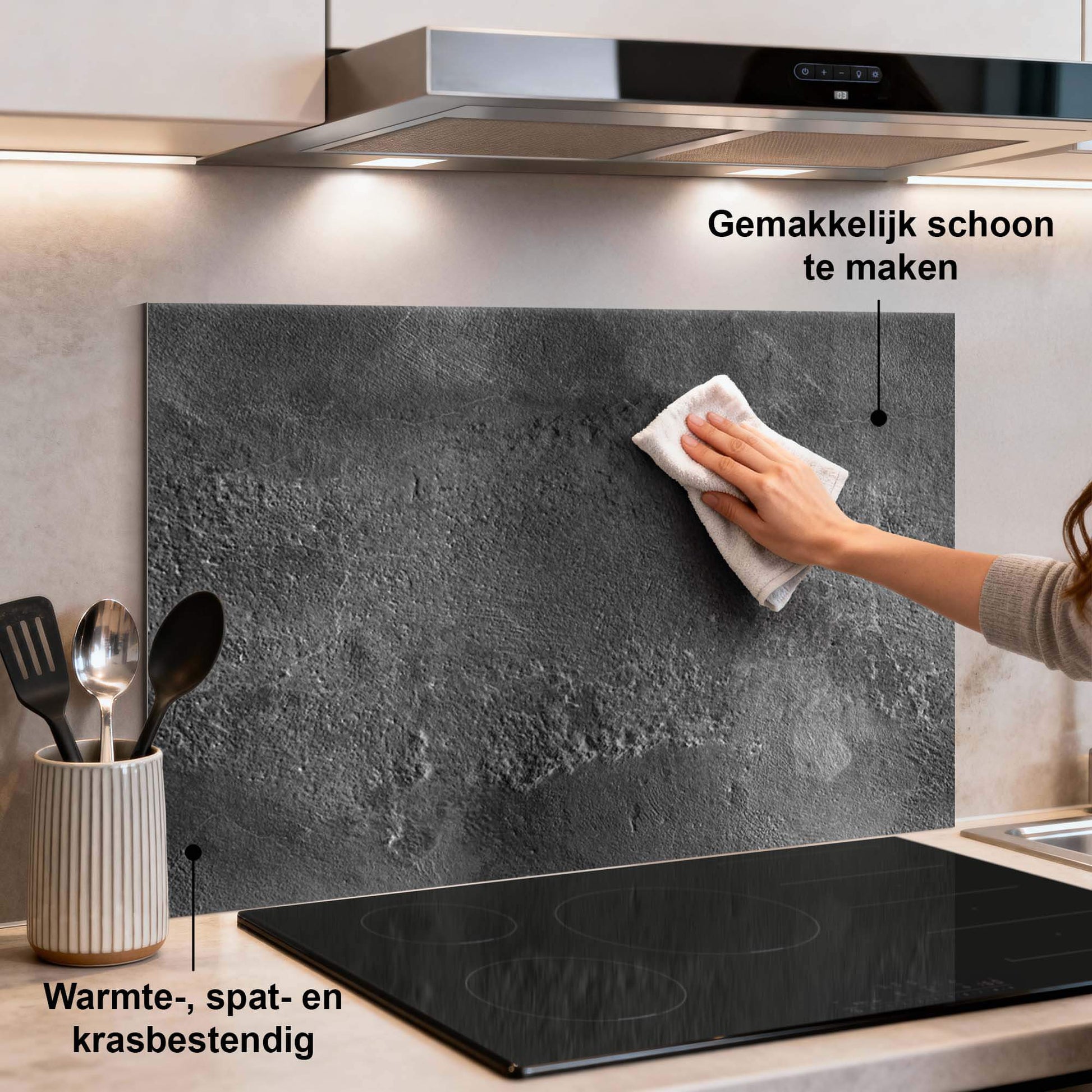 Urban Stone Elegance Spatscherm in keuken, krasbestendig en hittebestendig, spatwand eenvoudig schoon te maken.