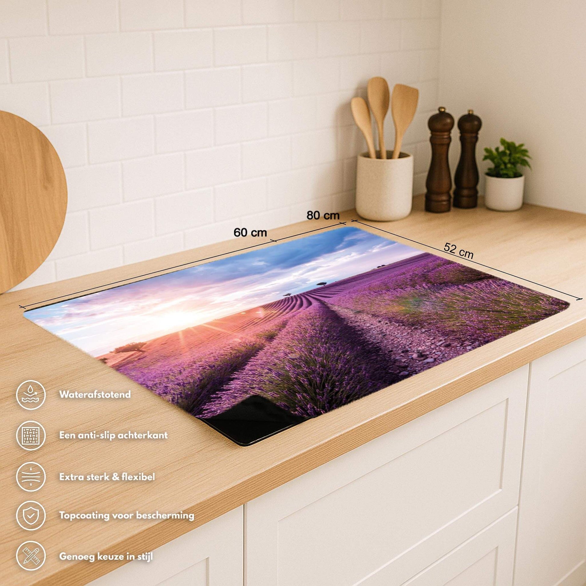 Lavender Horizon inductiebeschermer met maten en productvoordelen