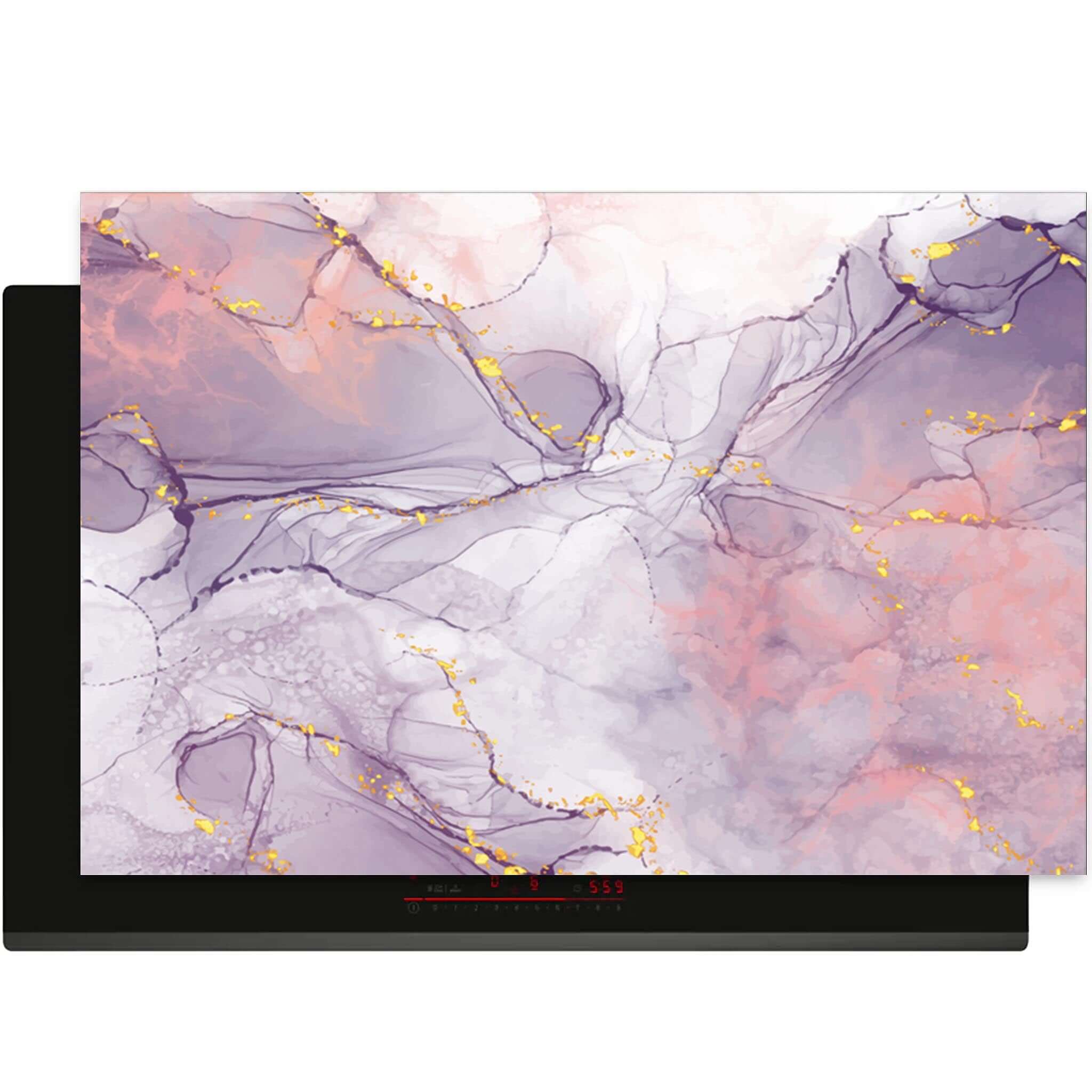 Lavender Marble inductie beschermer met lavendel- en goudtinten, bovenaanzicht
