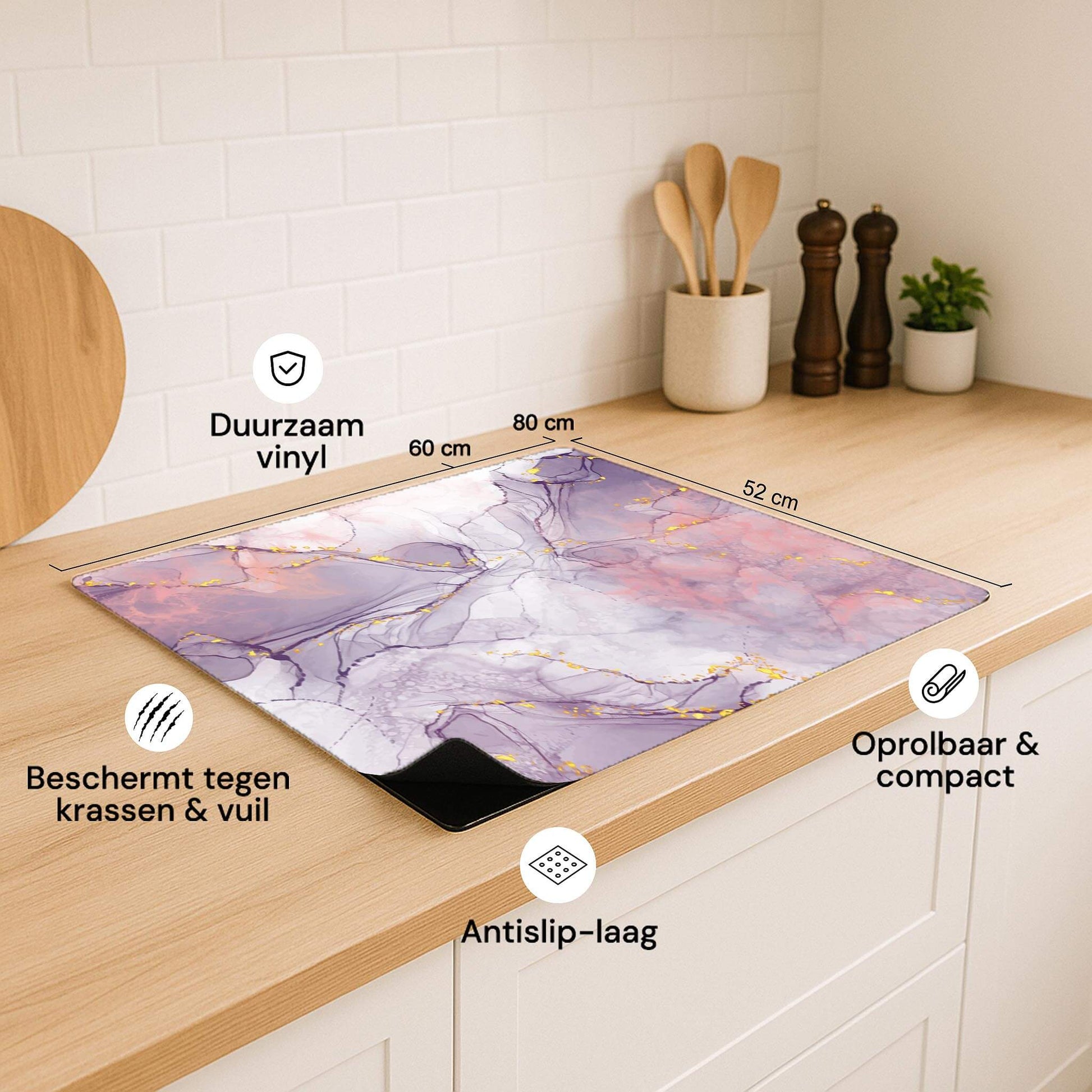 Lavender Marble inductie beschermer met aanduidingen van afmetingen en eigenschappen