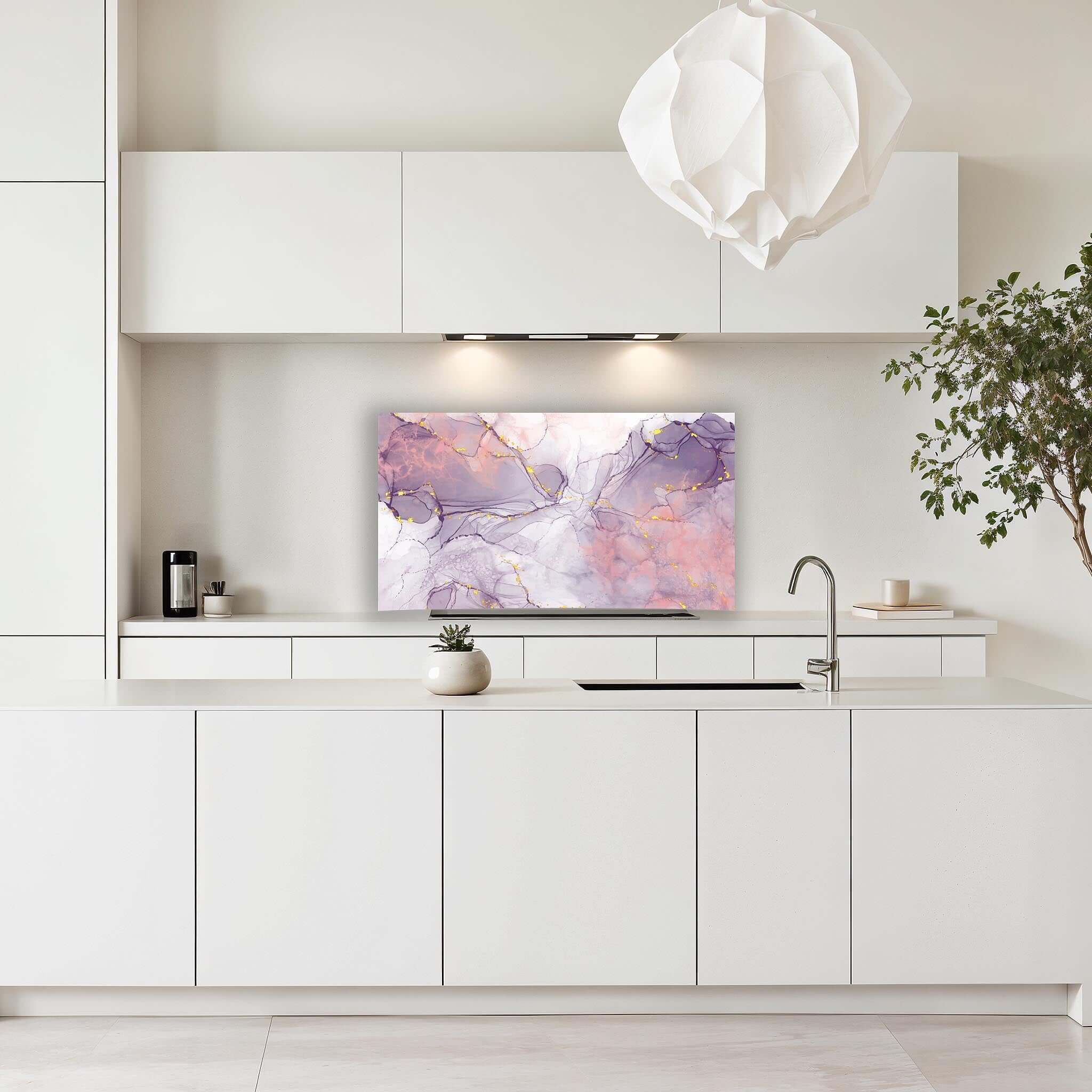 Detail van Lavender Marble spatscherm met lavendelkleur en gouden accenten