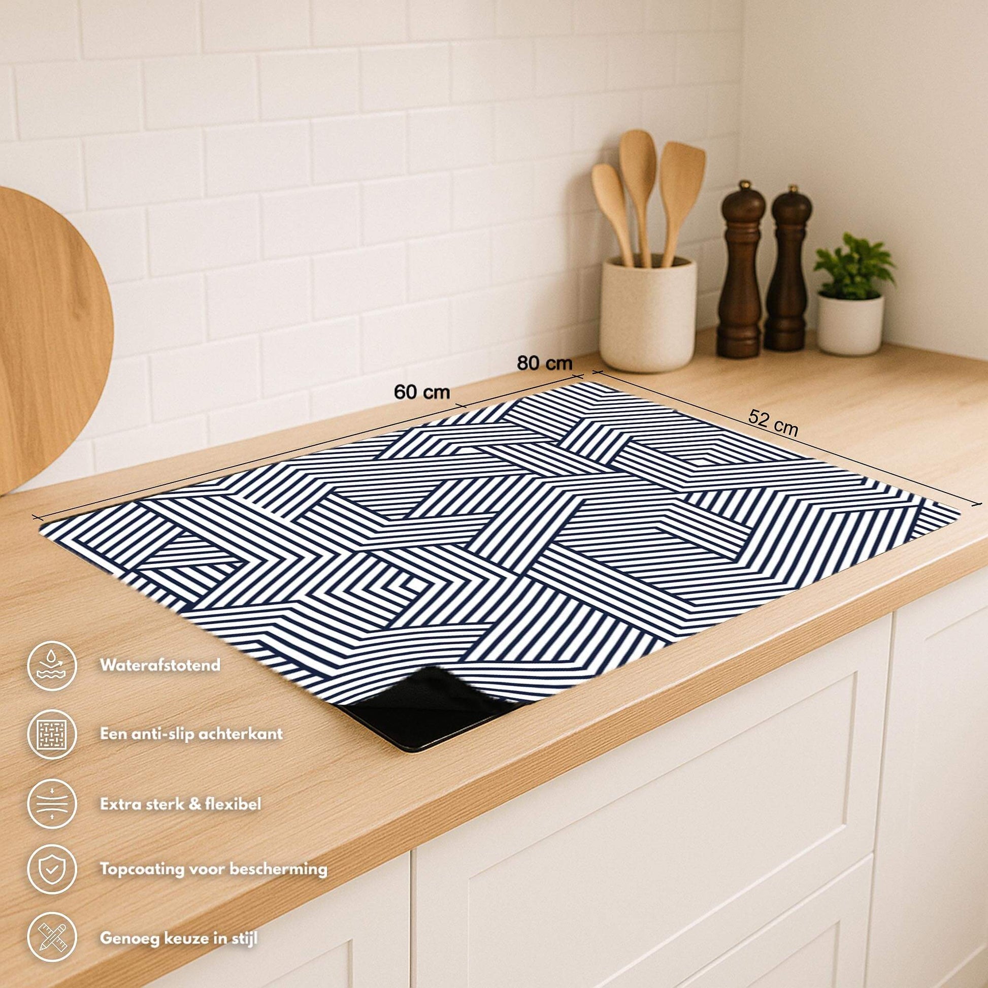 Linear Labyrinth inductie beschermer met afmetingen en producteigenschappen in keukenomgeving