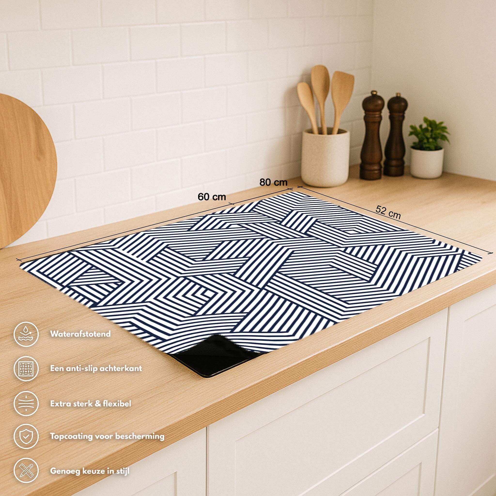 Linear Labyrinth inductie beschermer met afmetingen en producteigenschappen in keukenomgeving