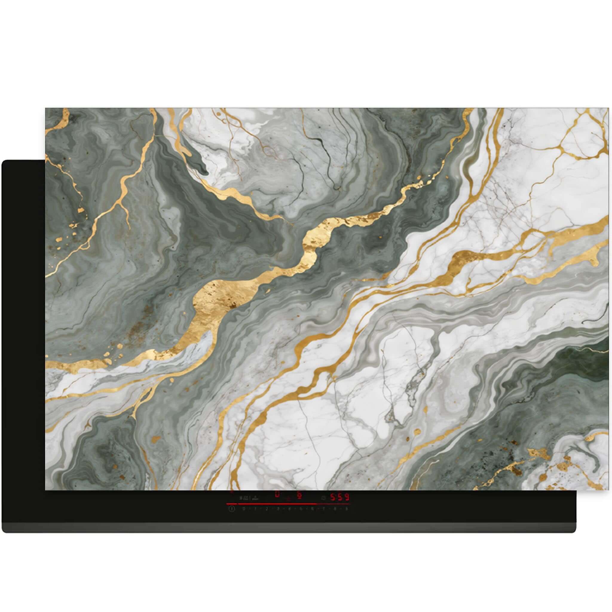Bovenaanzicht van de Luxurious Marble Green inductie beschermer met marmer- en goudaccenten