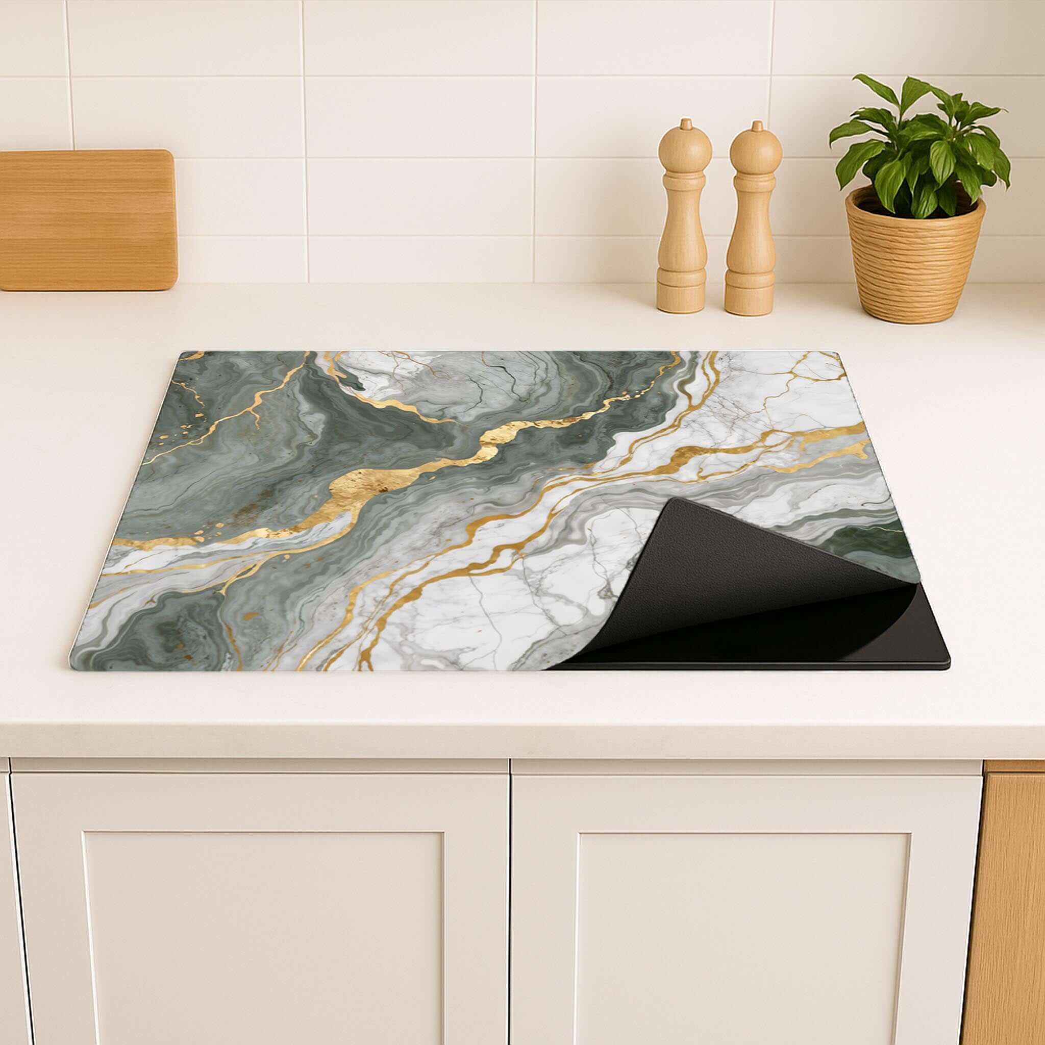 Detailweergave van de Luxurious Marble Green inductie beschermer in een lichte keuken