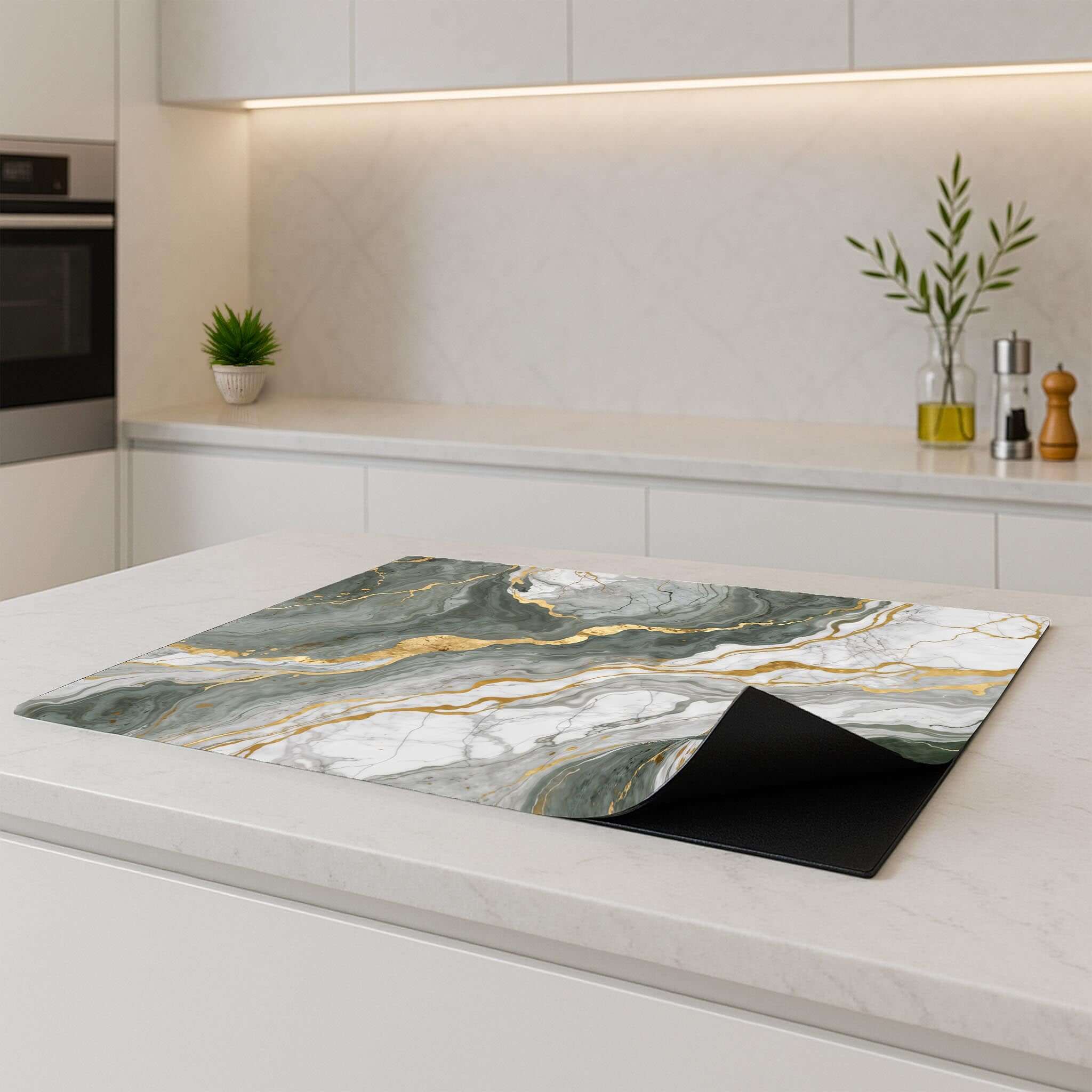 Luxurious Marble Green inductie beschermer op een keukenblad met moderne uitstraling