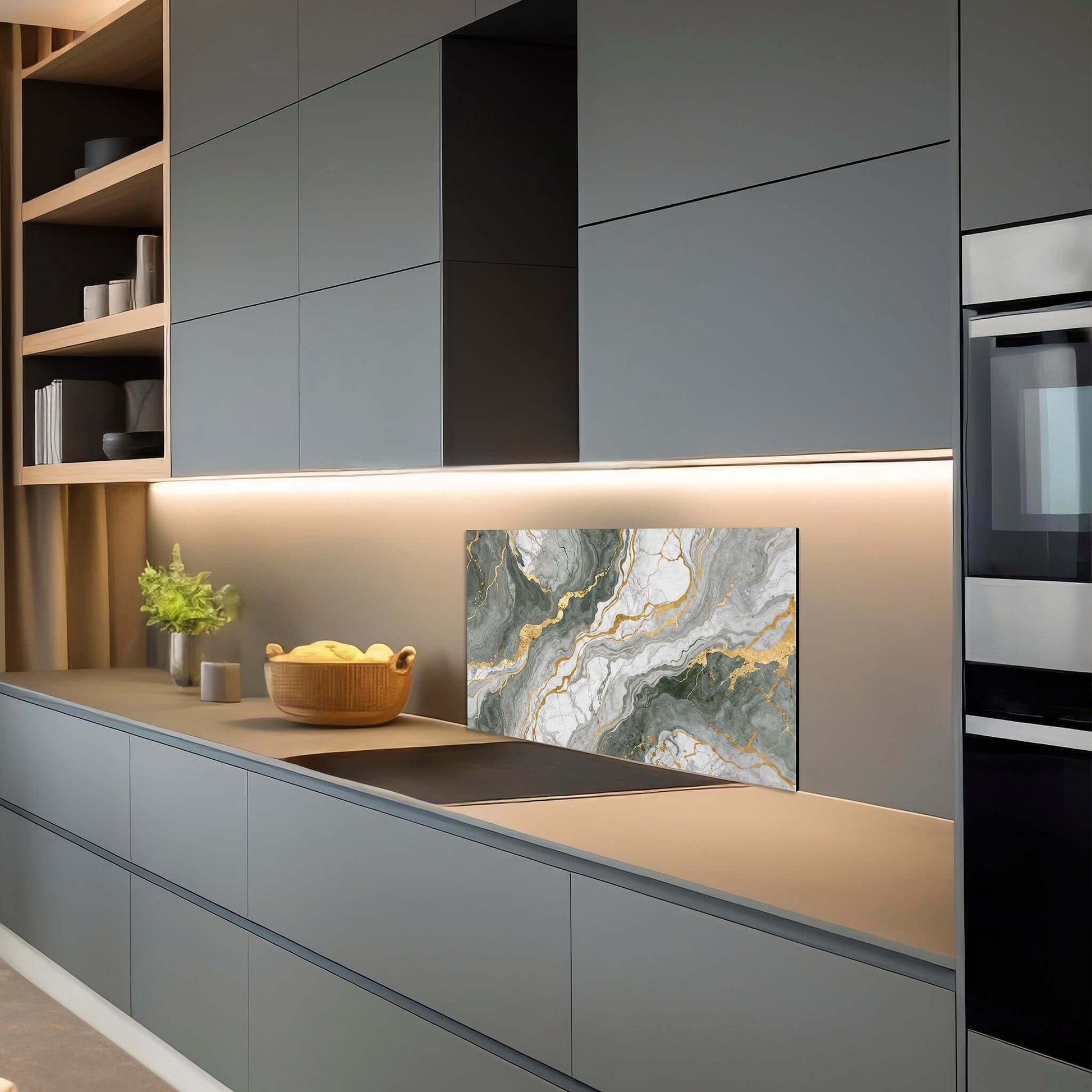 Groen marmerlook spatscherm met gouden aders gemonteerd in een moderne donkere keuken