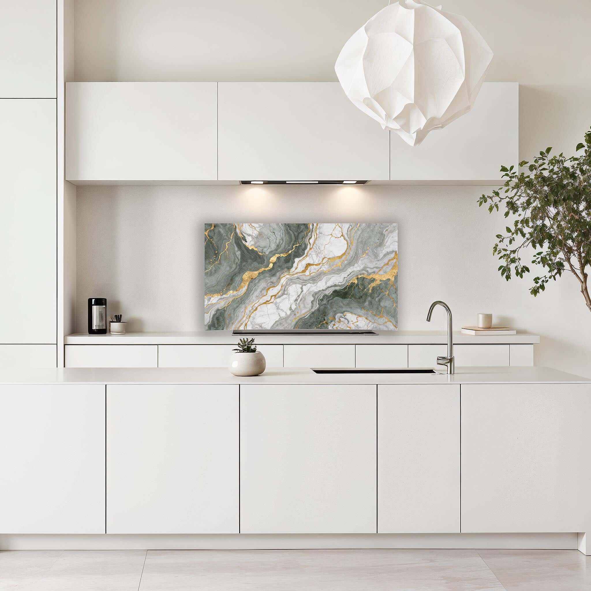 Luxe groen marmerlook spatscherm met gouden details in een moderne witte keuken