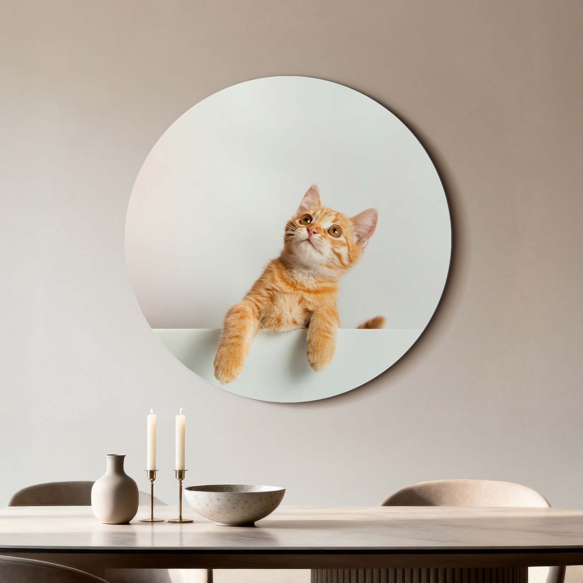 Amber Curiosity – Muurcirkel van een oranje kat op muur, perfect voor moderne interieurs, een wandcirkel met karakter.