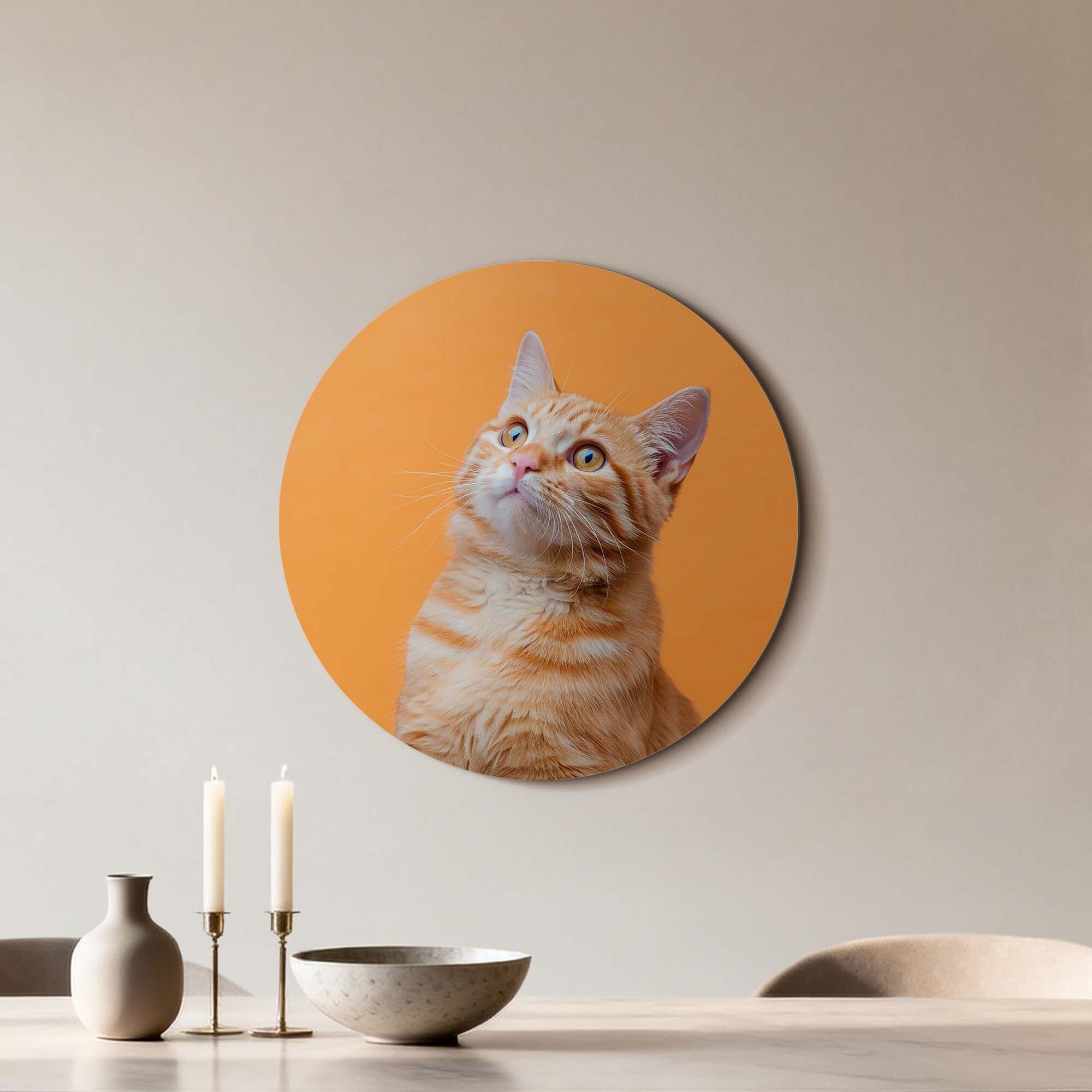 Amber Pop – Muurcirkel van een nieuwsgierige kat op een oranje achtergrond, stijlvol voor in huis.