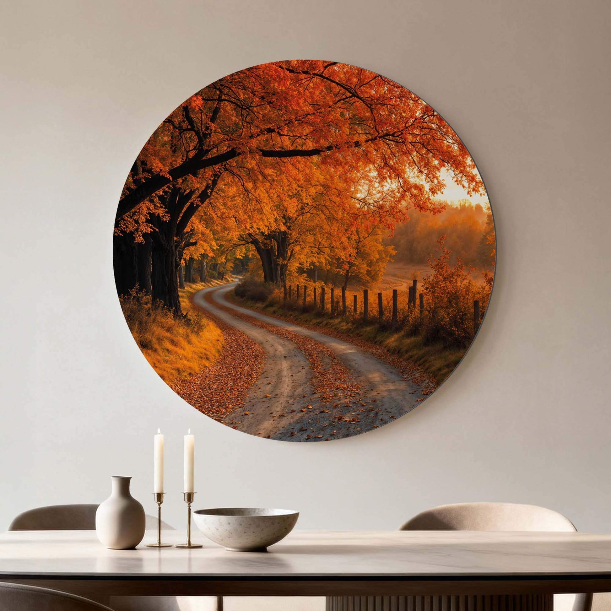 Autumn Curve - Muurcirkel met herfstlandschap en kronkelend pad, ideaal voor keuken, eetkamer en woonkamer. Muurcirkels voor een warme sfeer.