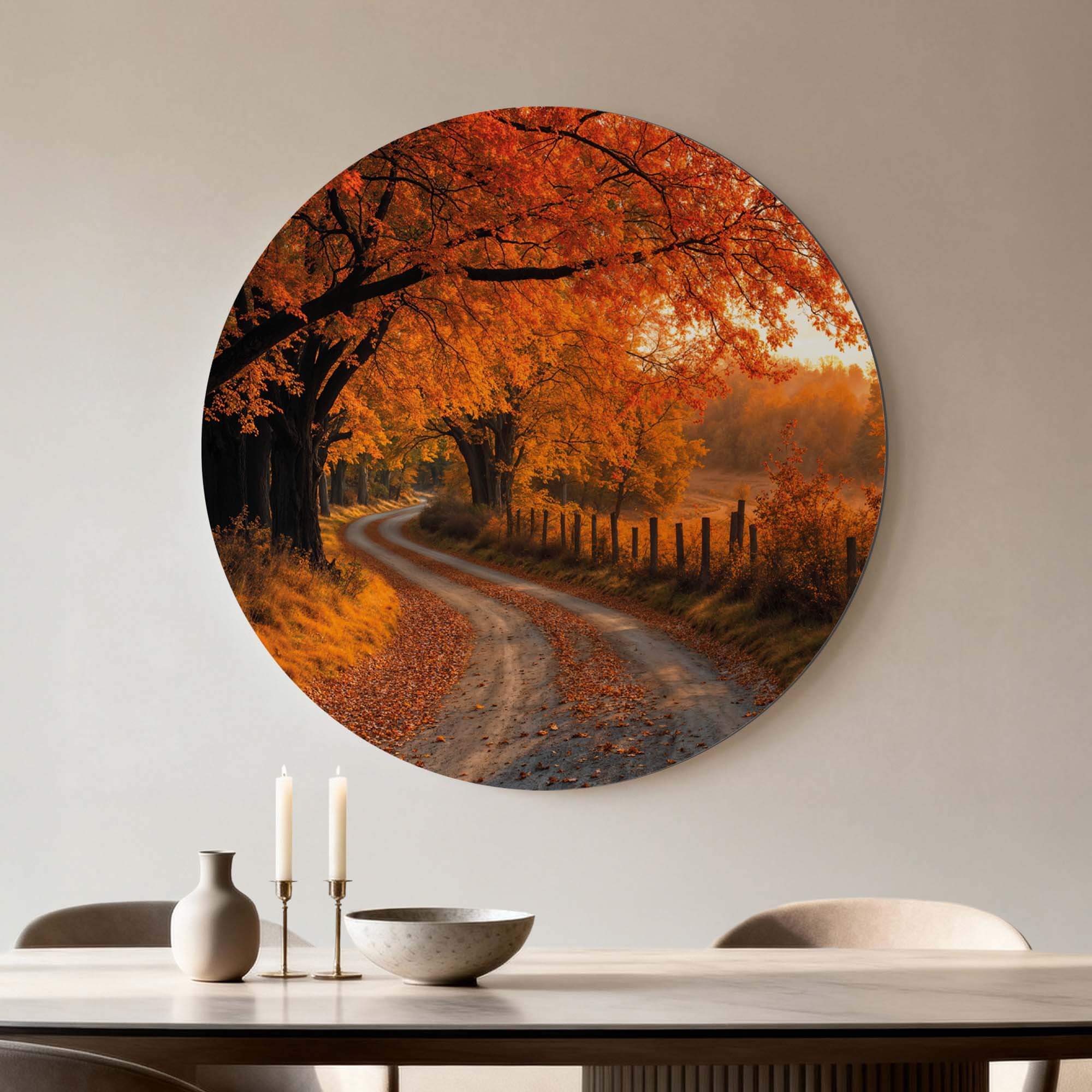 Autumn Curve - Wandkreis mit Herbstlandschaft und gewundenem Pfad, ideal für Küche, Esszimmer und Wohnzimmer. Wandkreise für eine warme Atmosphäre.