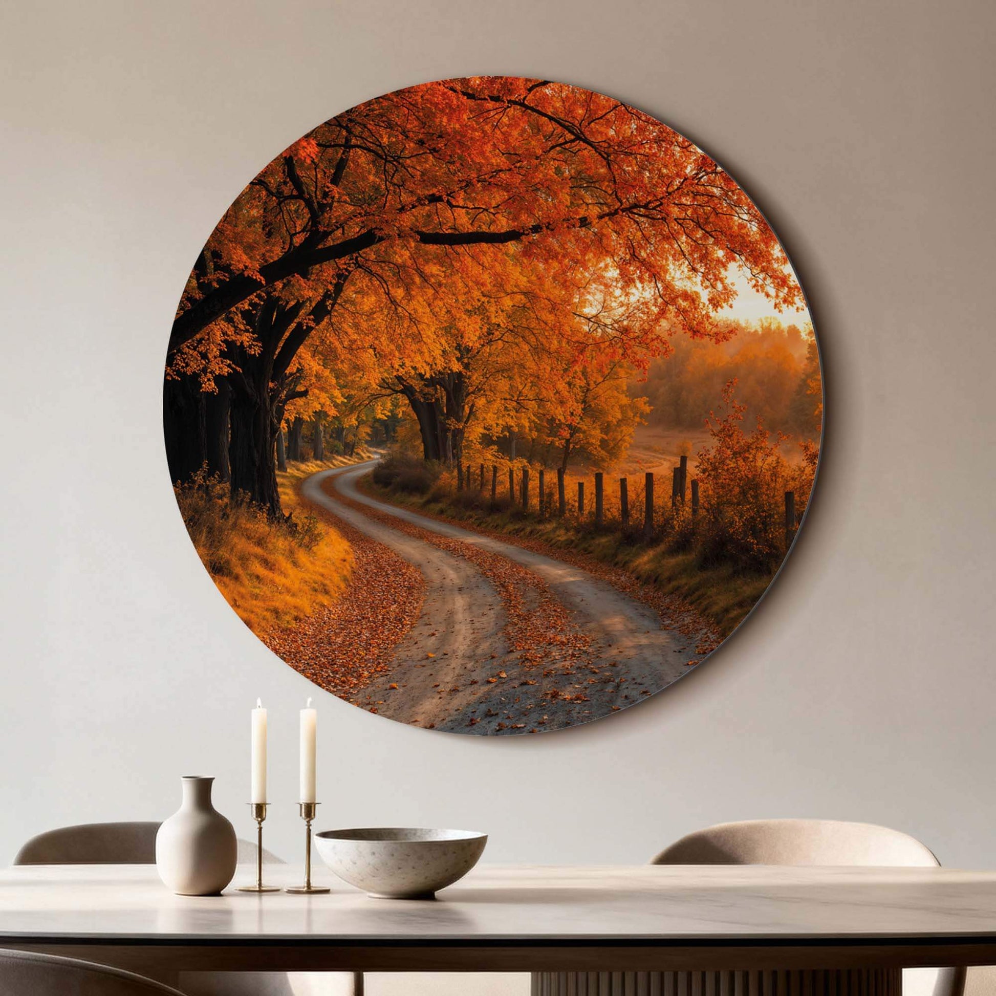 Autumn Curve - Muurcirkel warme herfstwandeling met vallende bladeren en gouden licht, ideaal voor keuken of eetkamer, wandcirkels decor.