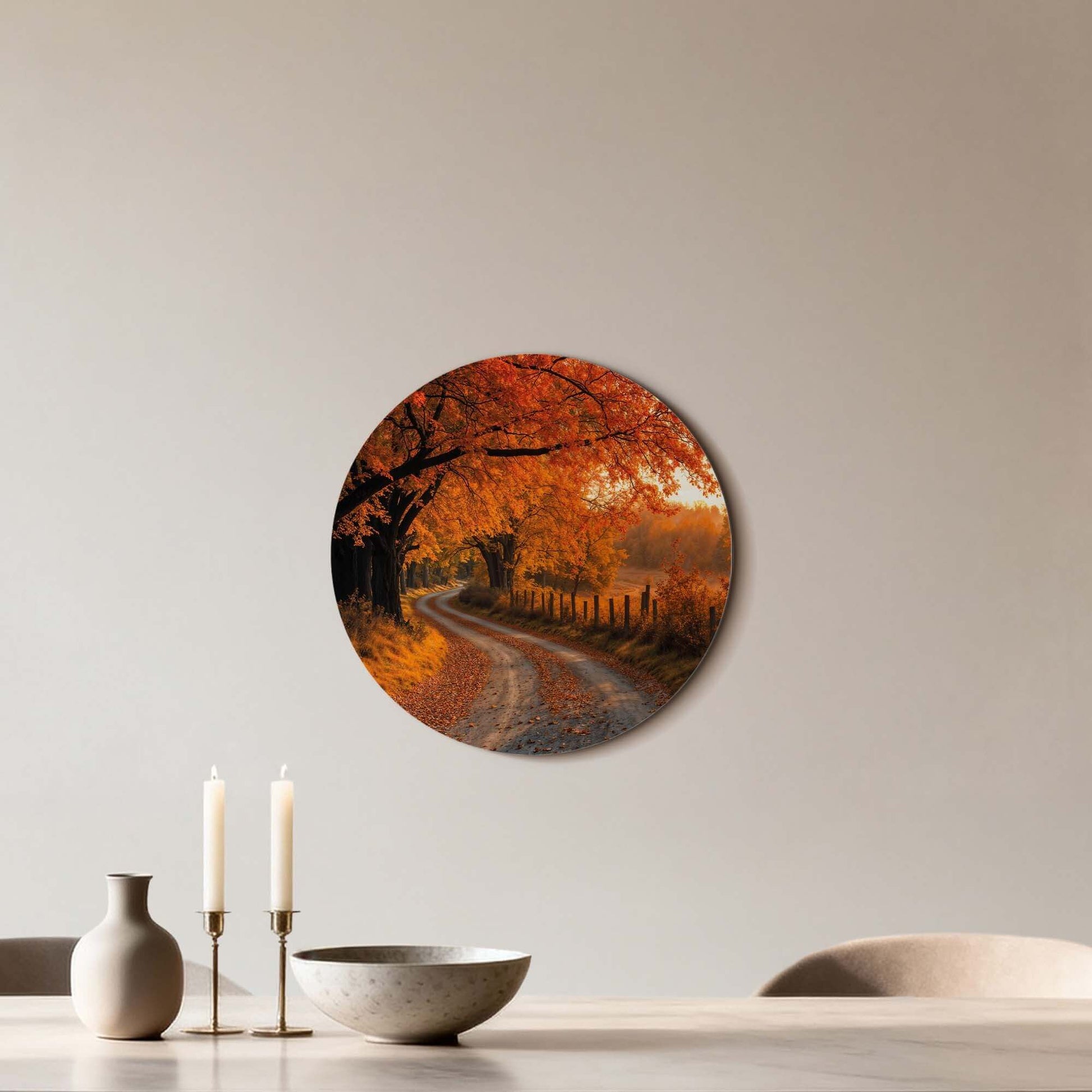Autumn Curve - Muurcirkel: Serene herfstwandeling muurdecoratie met gouden licht, perfect voor keuken en woonkamer wandcirkel.