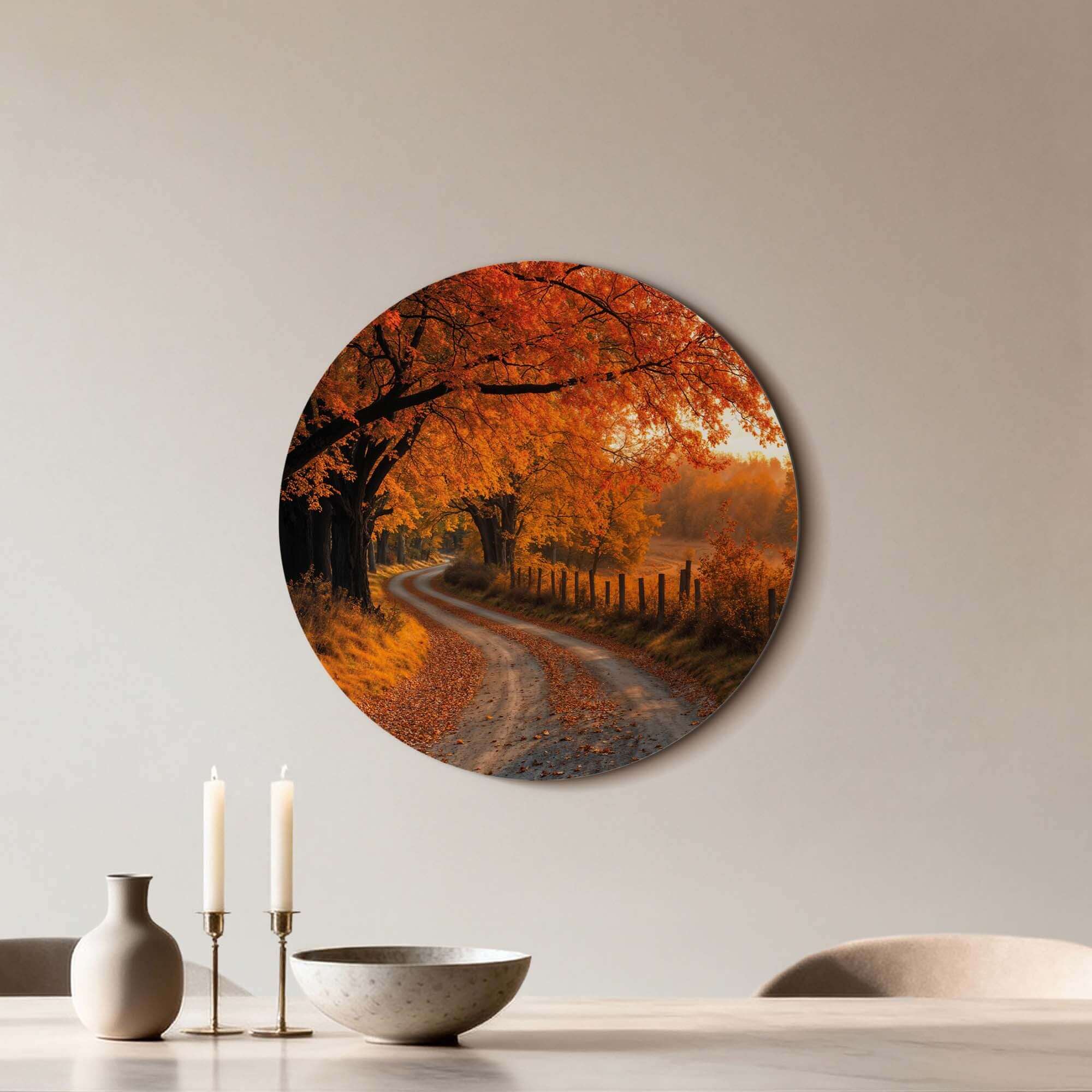 Autumn Curve - Muurcirkel met herfstlandschap, warme tinten en kronkelend pad, ideaal voor keuken, eetkamer of woonkamer. Muurcirkels decoratie.