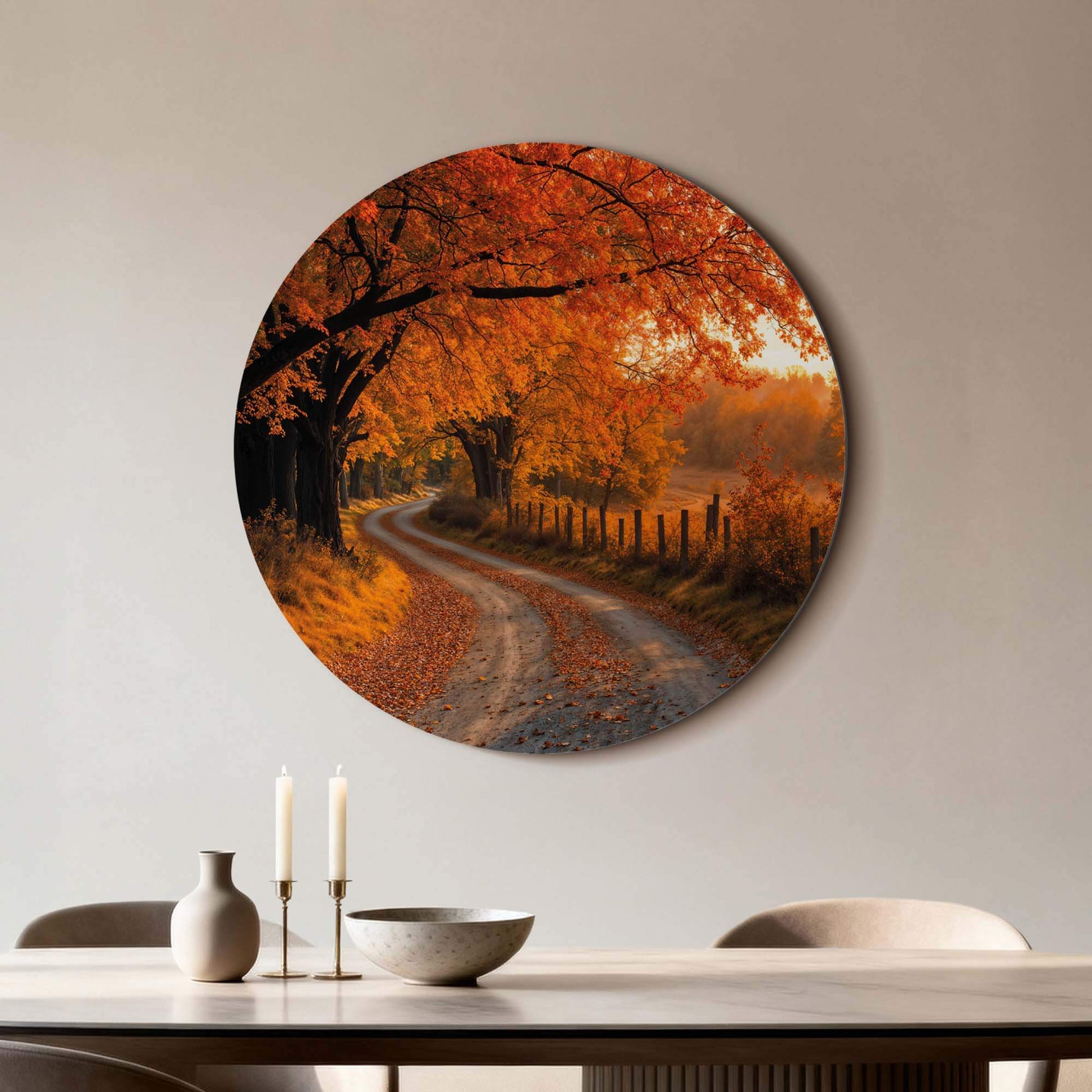 Wandcirkel "Autumn Curve - Muurcirkel" met herfstlandschap en warm licht, ideaal voor keuken, eetkamer of woonkamer.