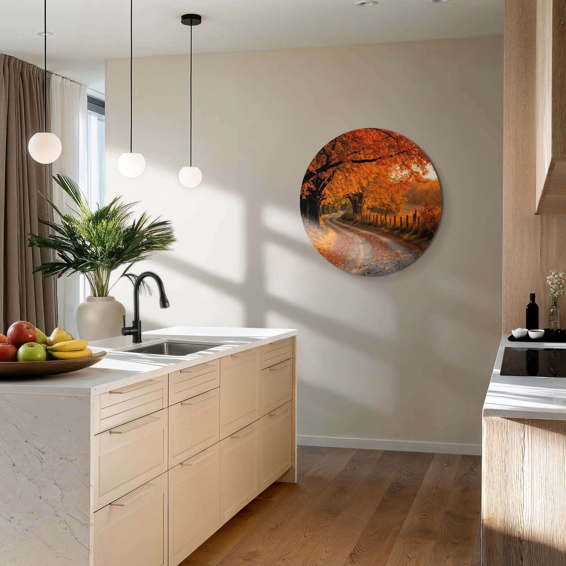 Autumn Curve - Muurcirkel in moderne keuken, warme herfstkleuren en kronkelend pad. Perfecte wanddecoratie voor keuken en eetkamer.