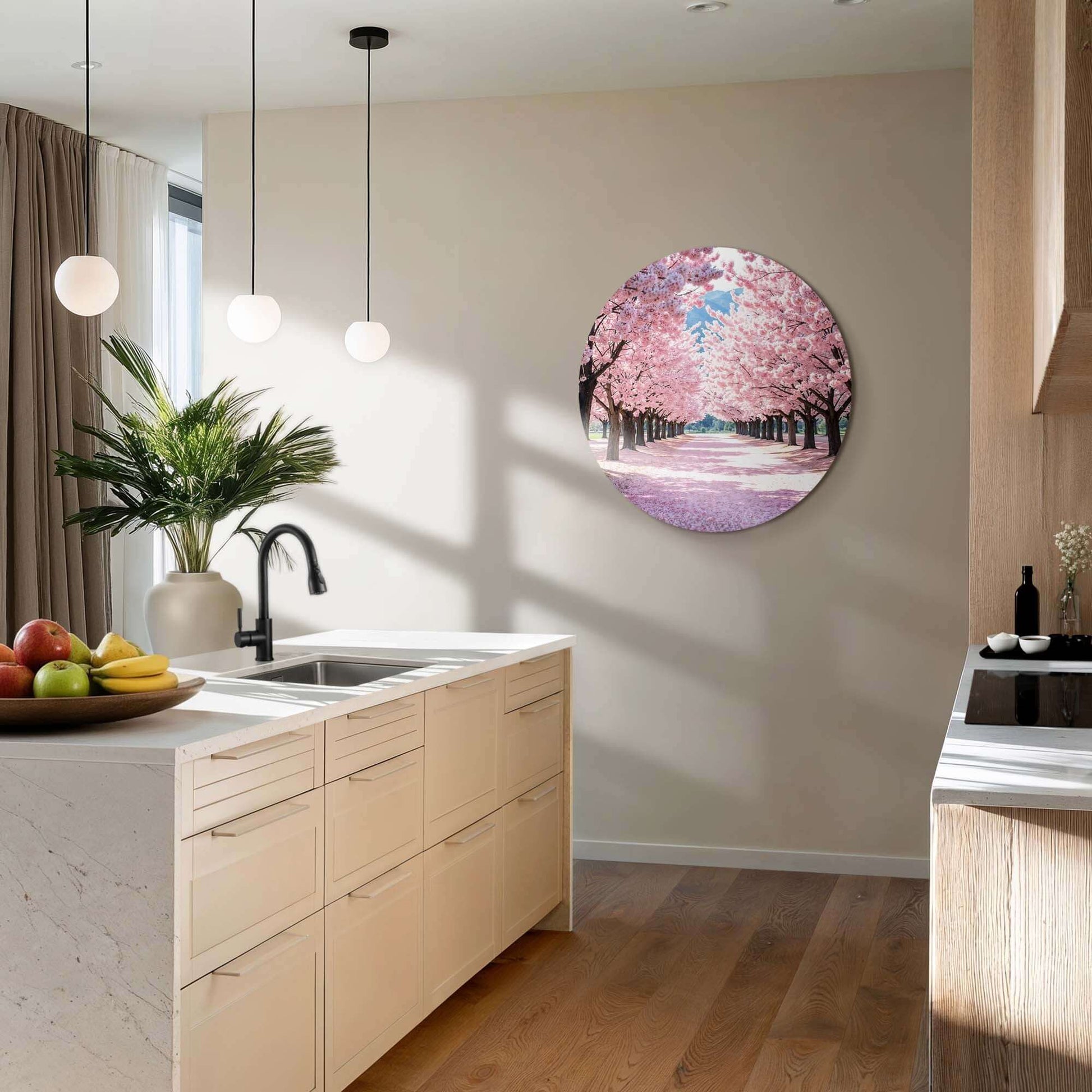 Blossom Avenue - Wandkreis in der Küche, rosa Blütenweg, Wanddekoration für Ruhe und Romantik. Geeignet für Küche oder Esszimmer.