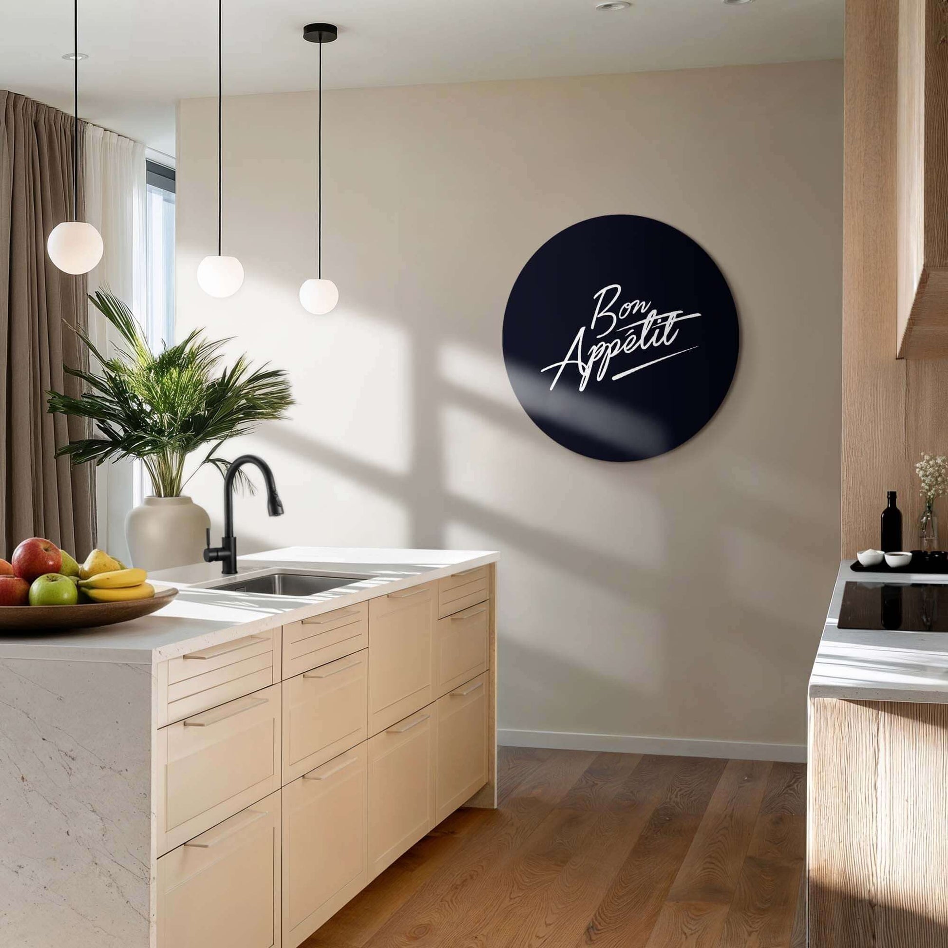 Bon Appétit Midnight Edition - Muurcirkel in moderne keuken, stijlvolle zwarte wandcirkel met witte tekst, ideaal voor keukeninrichting