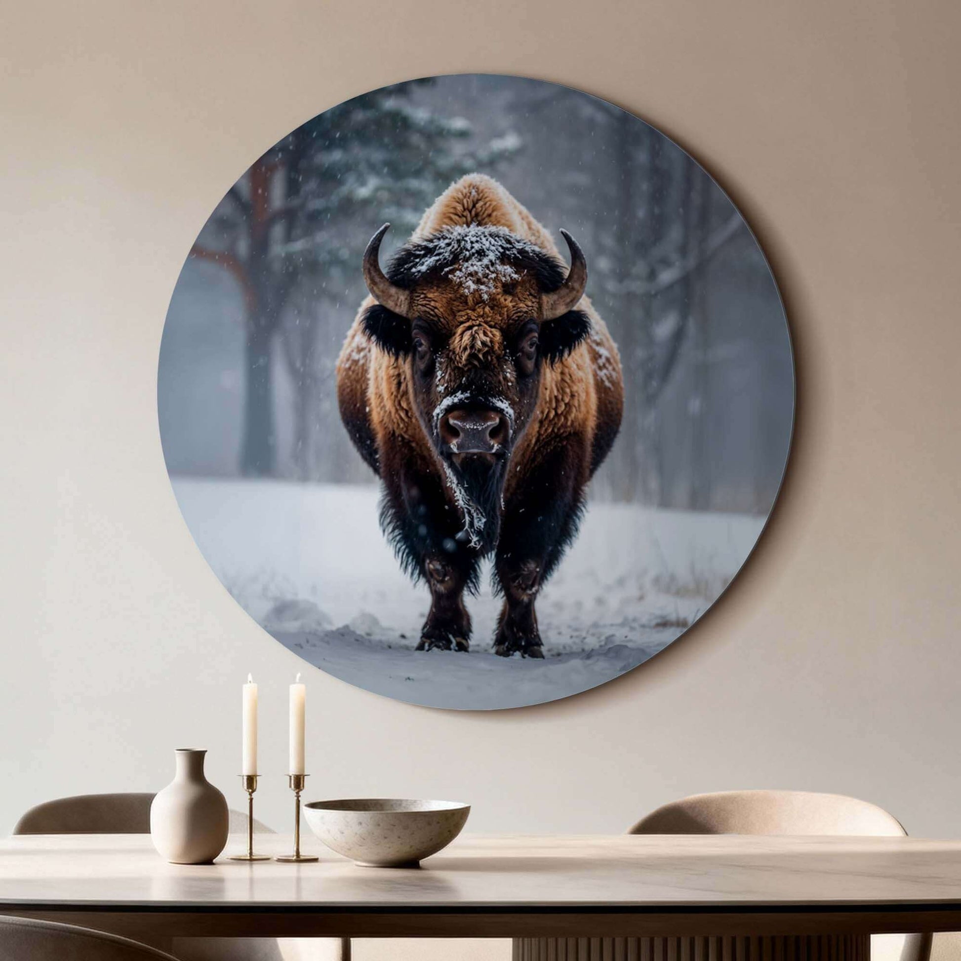 Bison im Schnee - Wandkreis als coole Wanddekoration in Küche oder Esszimmer, Druck auf 3 mm Aluminium-Dibond für ein kraftvolles Statement.