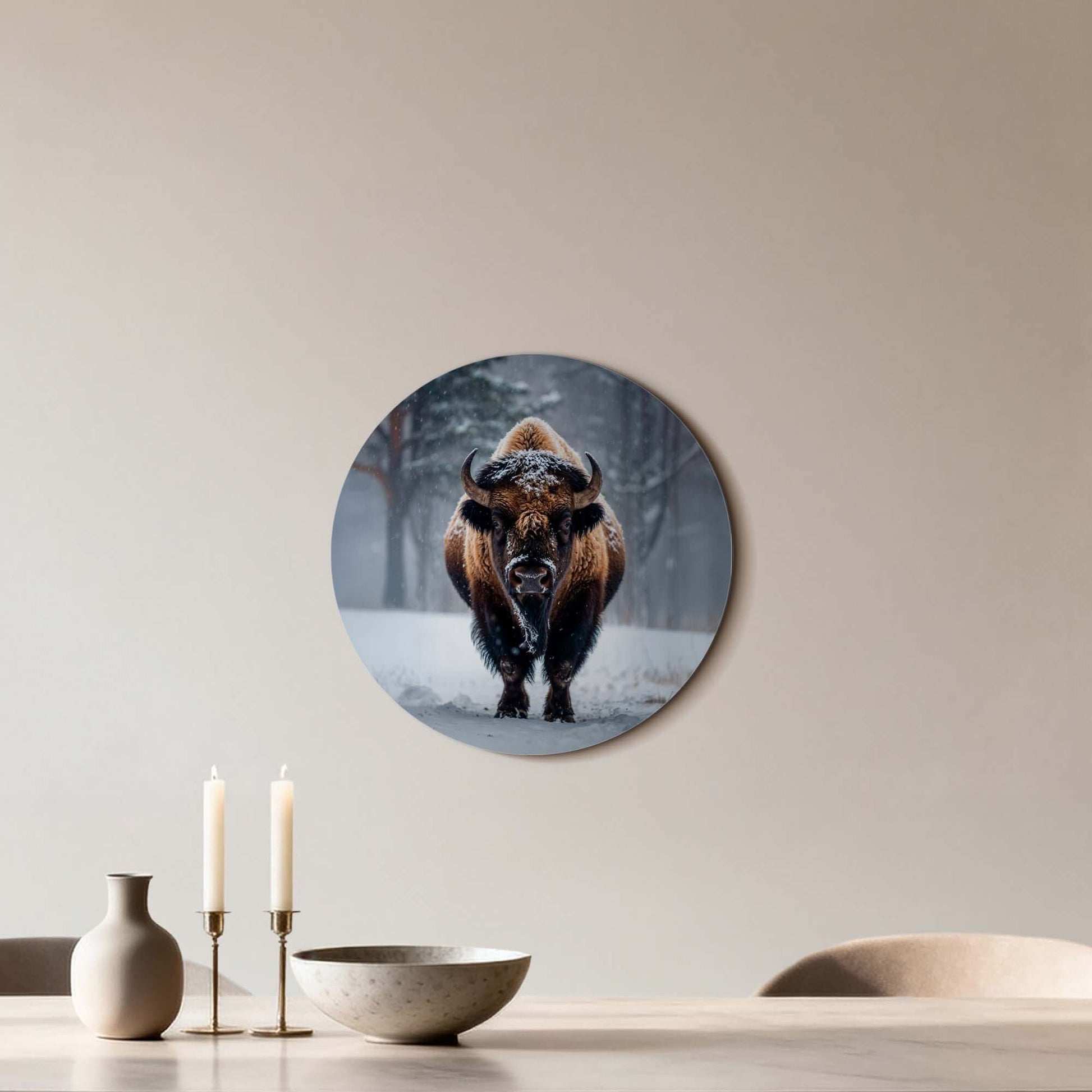 Wisent im Schnee - Wandkreis auf Aluminium-Dibond in einer Winterlandschaft, perfekt als Wanddekoration. Schlagworte: Wandkreis, Wandkreise, Wandkreis.