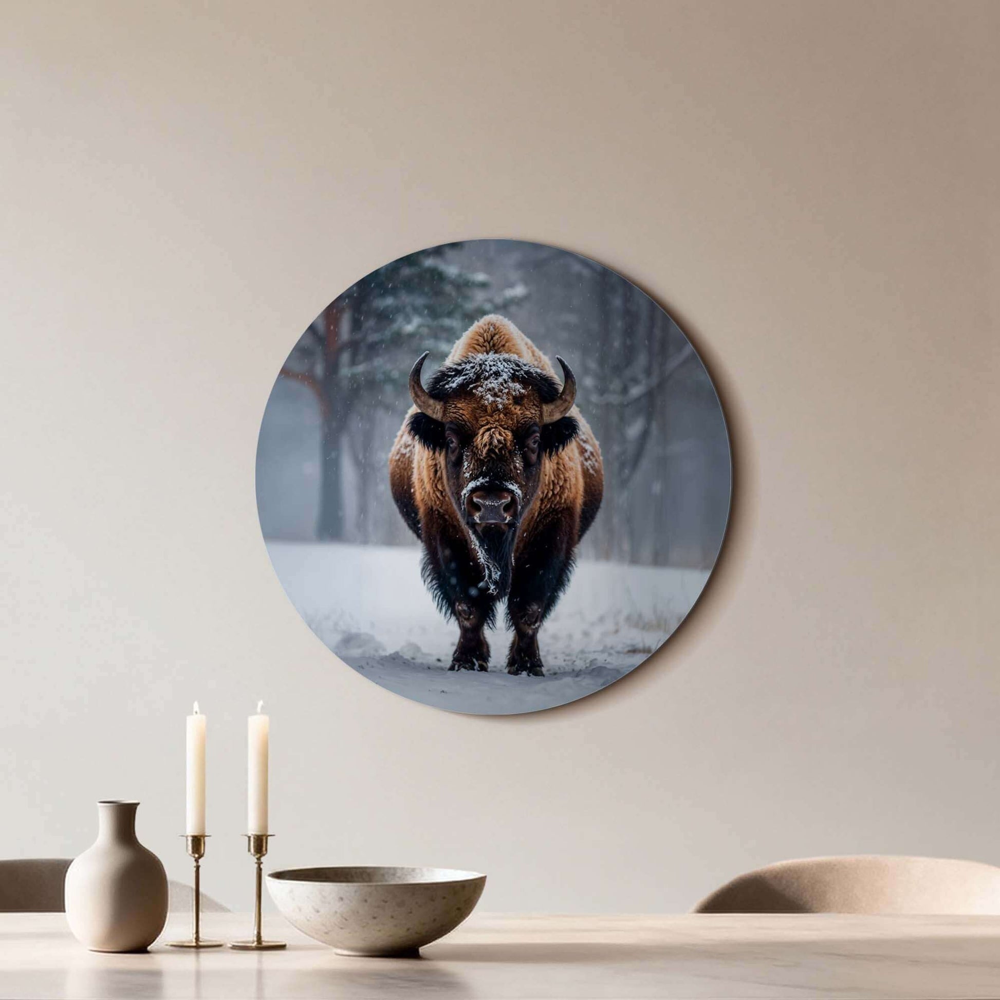 Wisent im Schnee - Wandkreis, beeindruckender Wandkreis mit einem Wisent in Winterlandschaft, perfekt für Küche oder Wohnzimmer Dekoration.