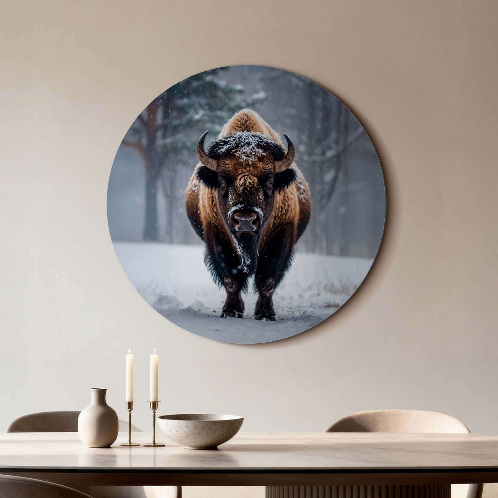 Bison im Schnee - Wandkreis auf Aluminium-Dibond, starker Wandkreis für Küche oder Wohnzimmer, ideal für die Winterdekoration.